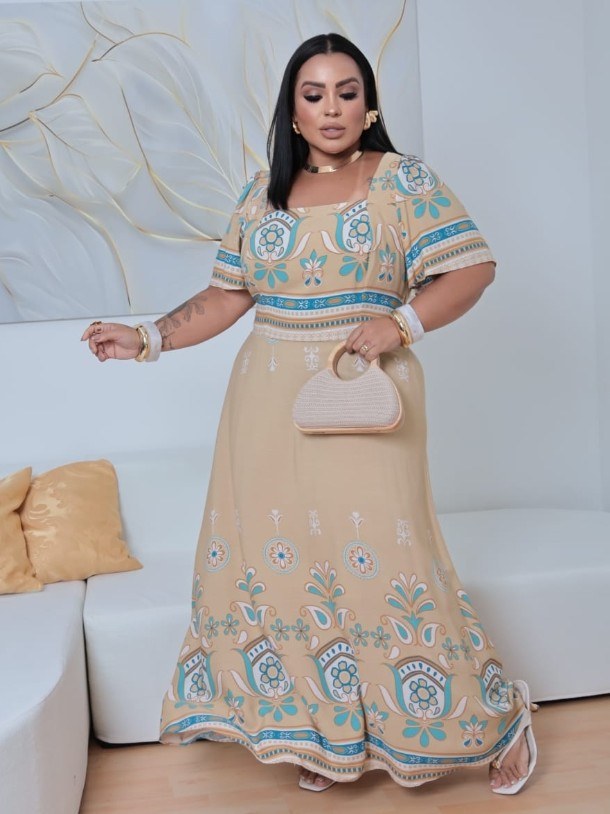 Vestido longo com manga feminino Plus size (129)