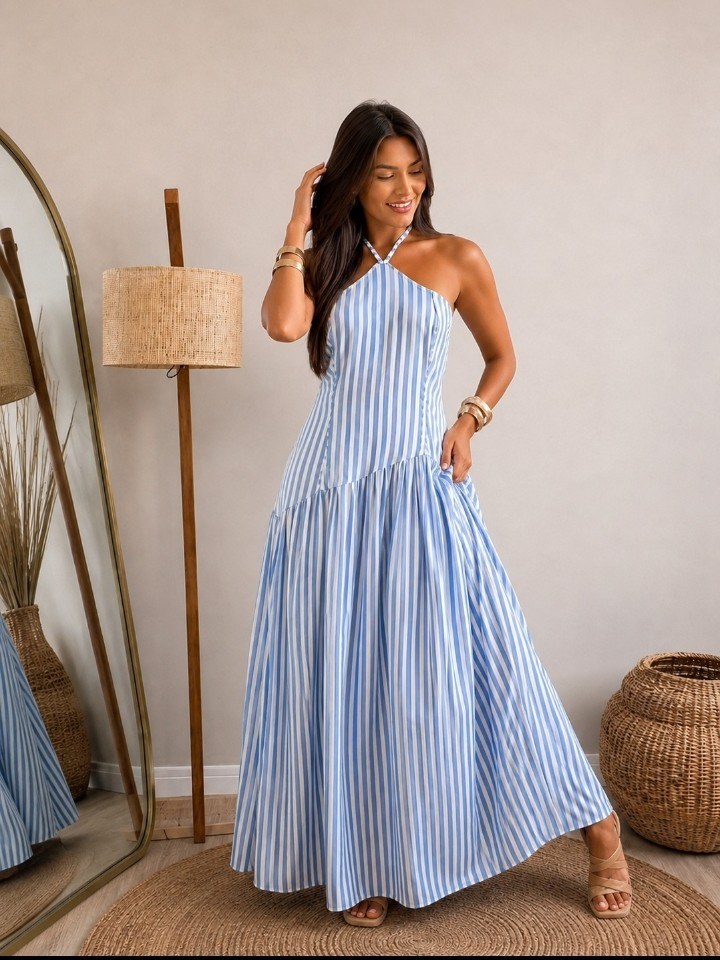 Vestido longo feminino com bojo listrado (96)