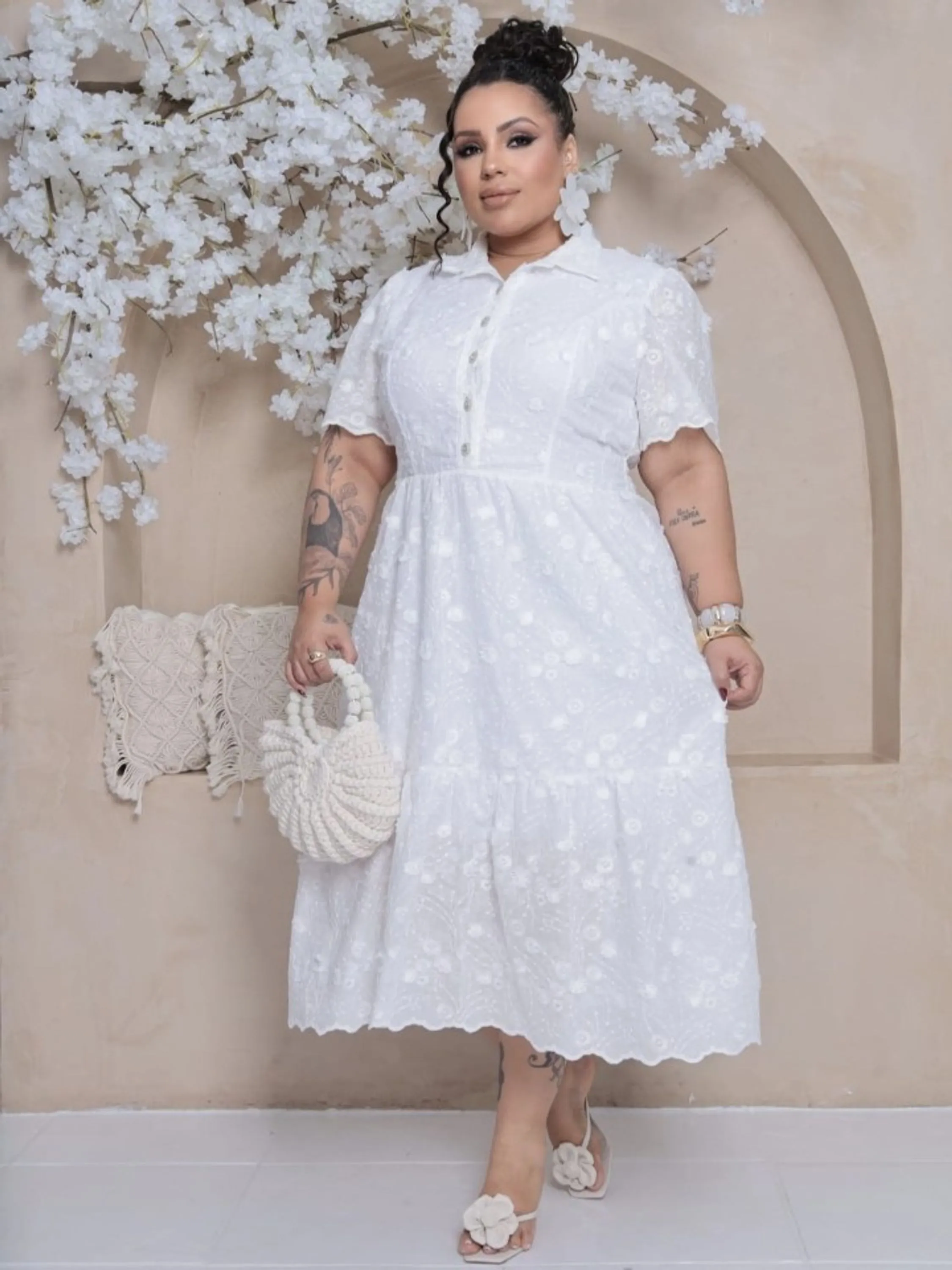 Vestido Midi feminino Plus size com manga (129)