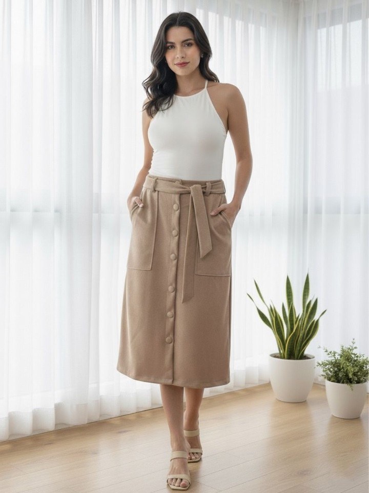 Saia Midi feminina com botão tecido veludo suede (175)