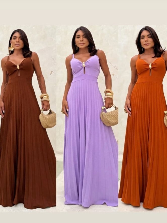 Vestido longo feminino Plissado com bojo (156)