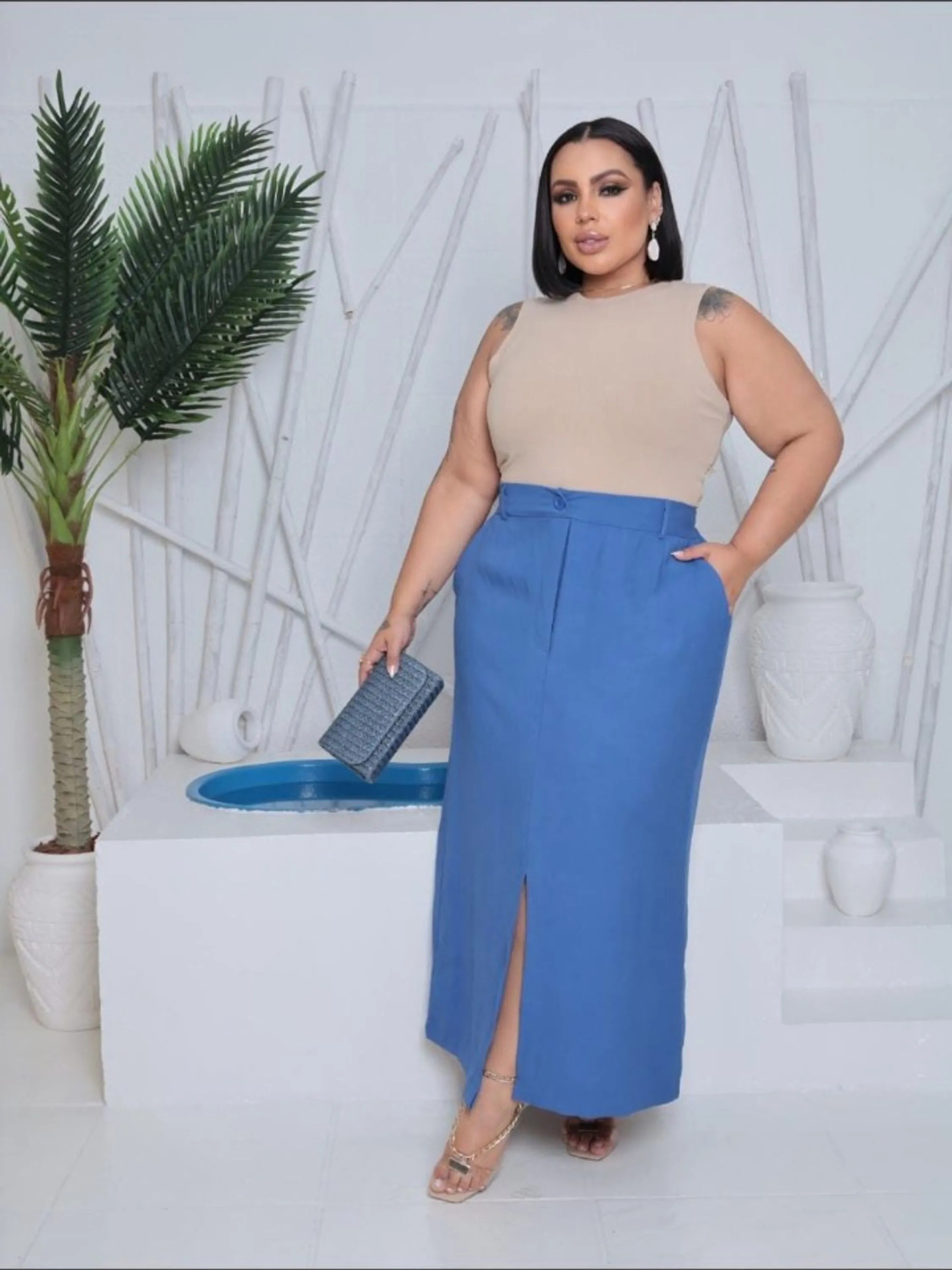 Saia longa com fenda feminino Plus size (129)