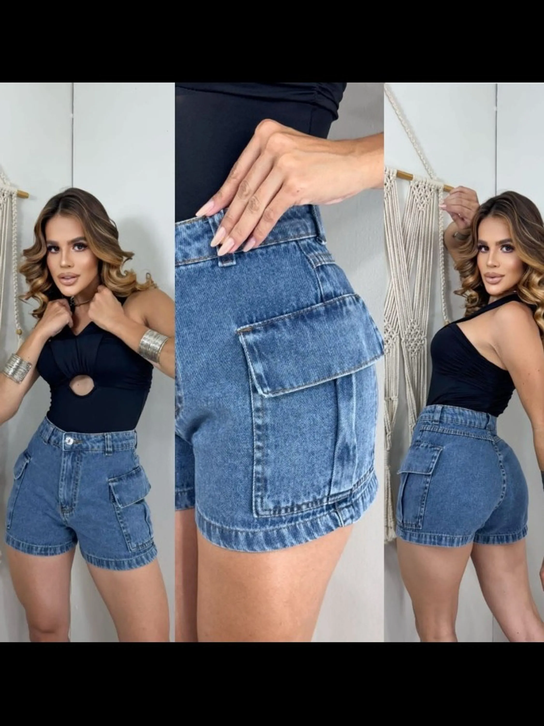 Shorts cargo jeans feminino sem lycra