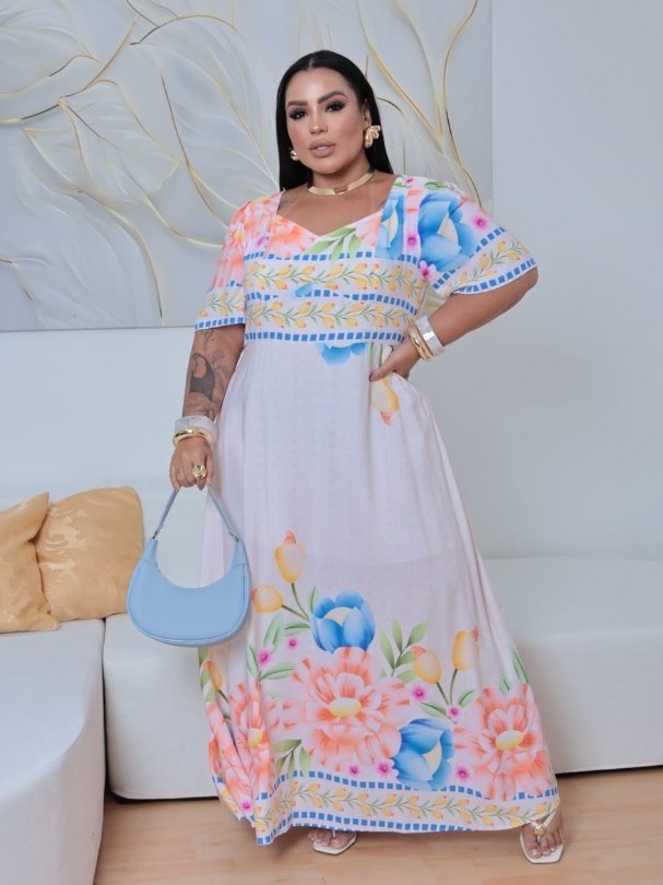 Vestido feminino Plus Size com manga tecido viscolinho (129)