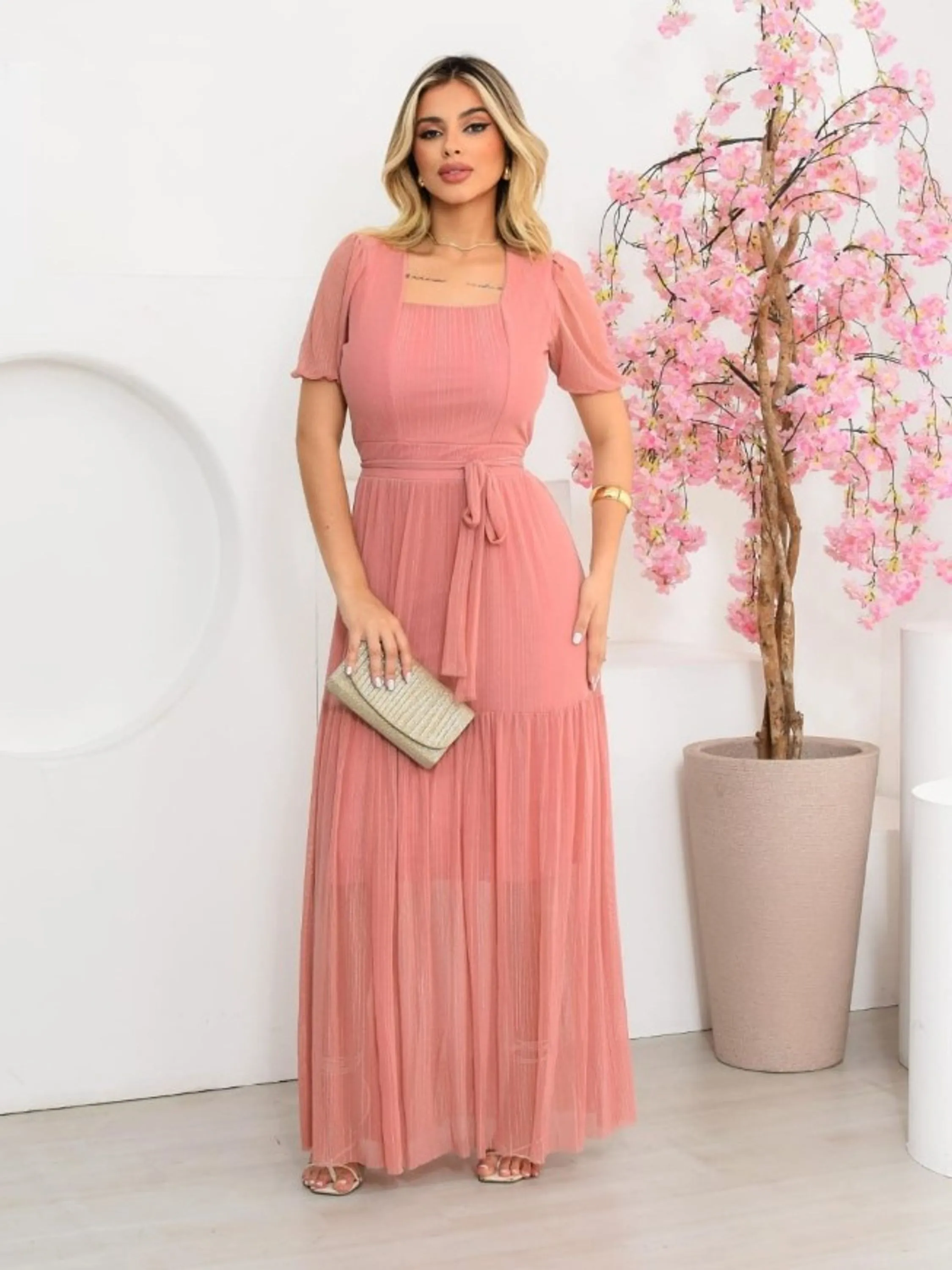 Vestido longo feminino de manga tecido tule (139)