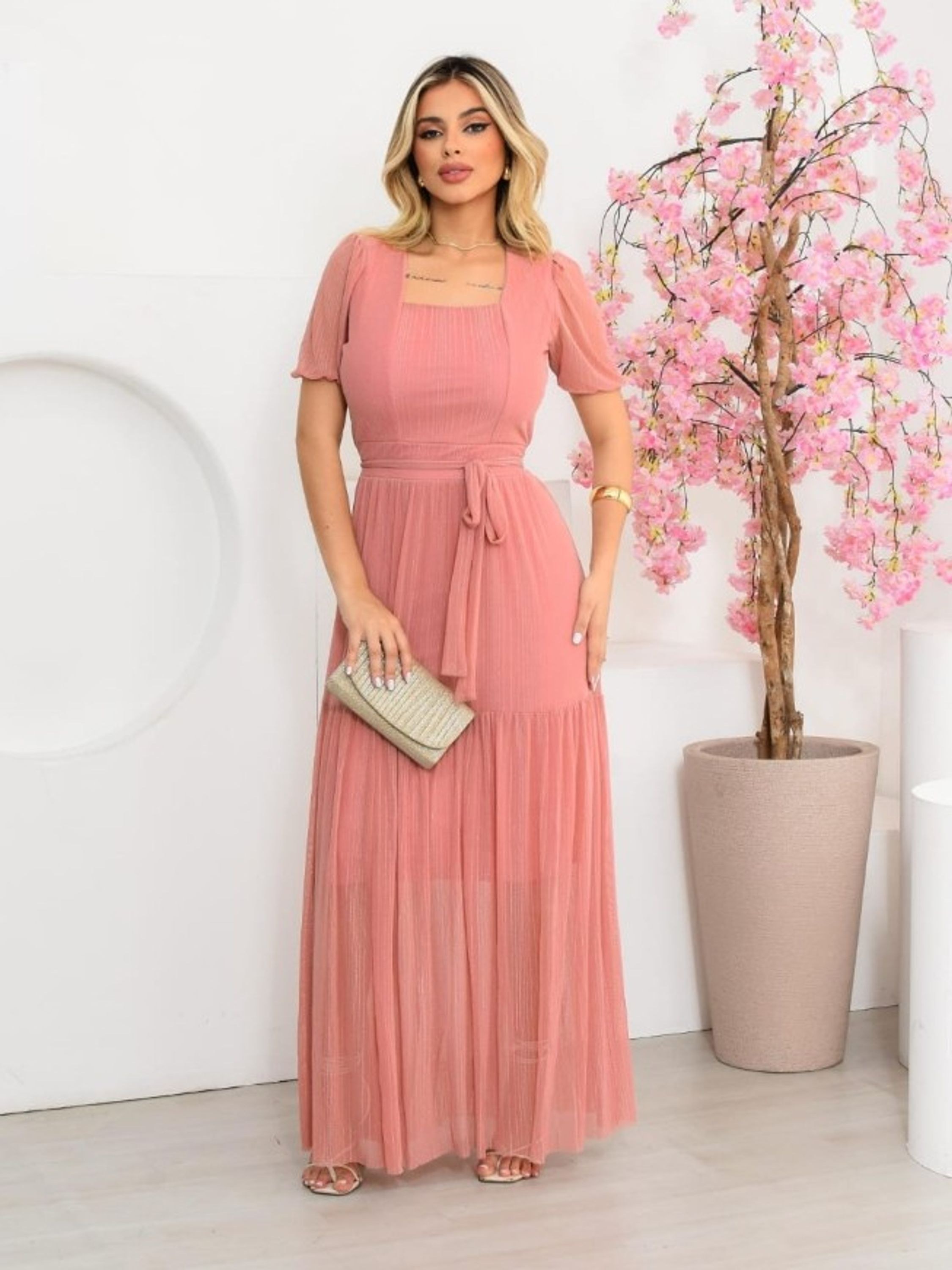 Vestido longo feminino de manga tecido tule (139)