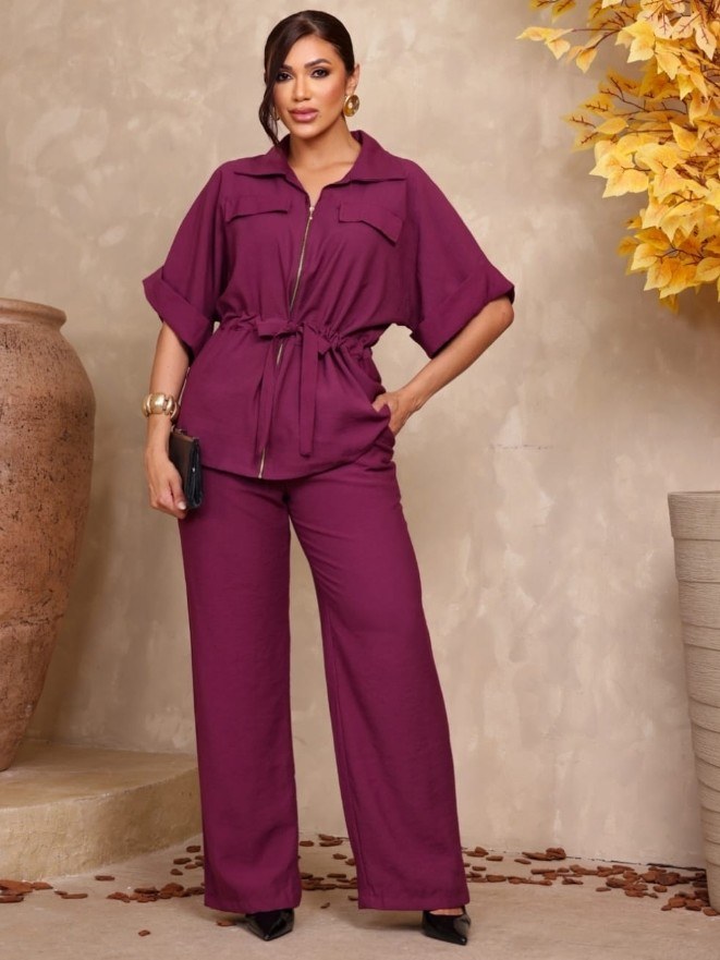 Conjunto feminino calça e camisa com zíper e amarração (188)