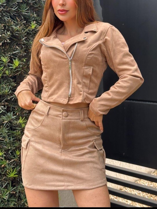 Saia curta cargo feminina tecido suede (175)