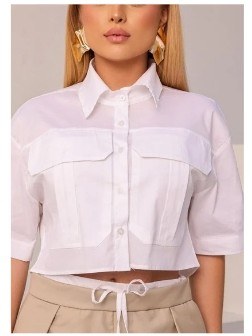 Camisa cropped manga curta com bolso (193)