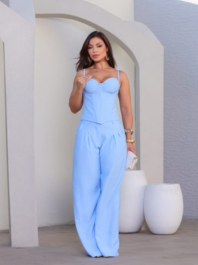 Conjunto feminino calça e cropped com bolso e alça (195)