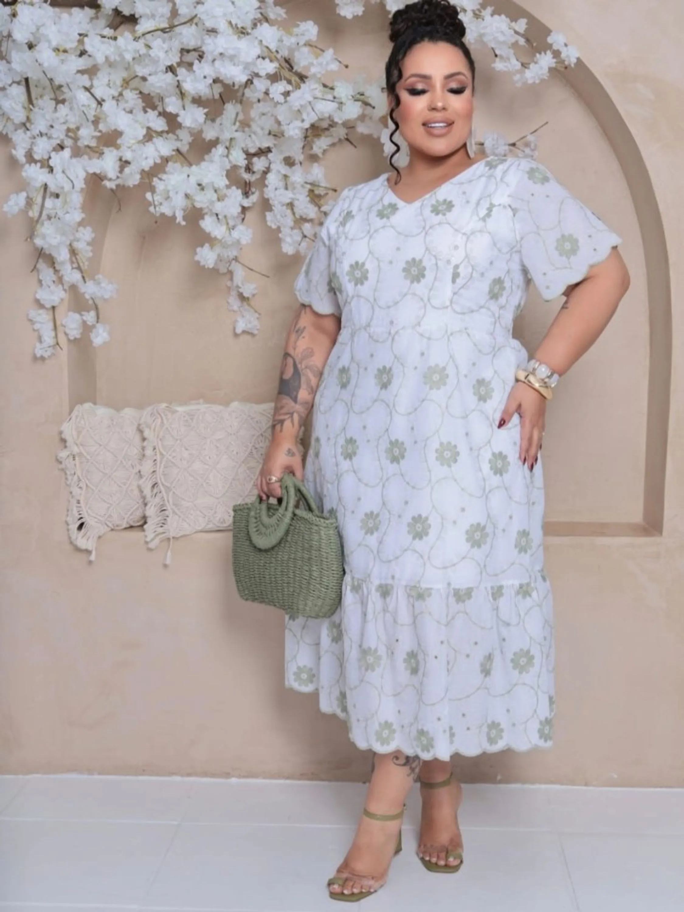 Vestido Midi feminino com manga Plus size (129)