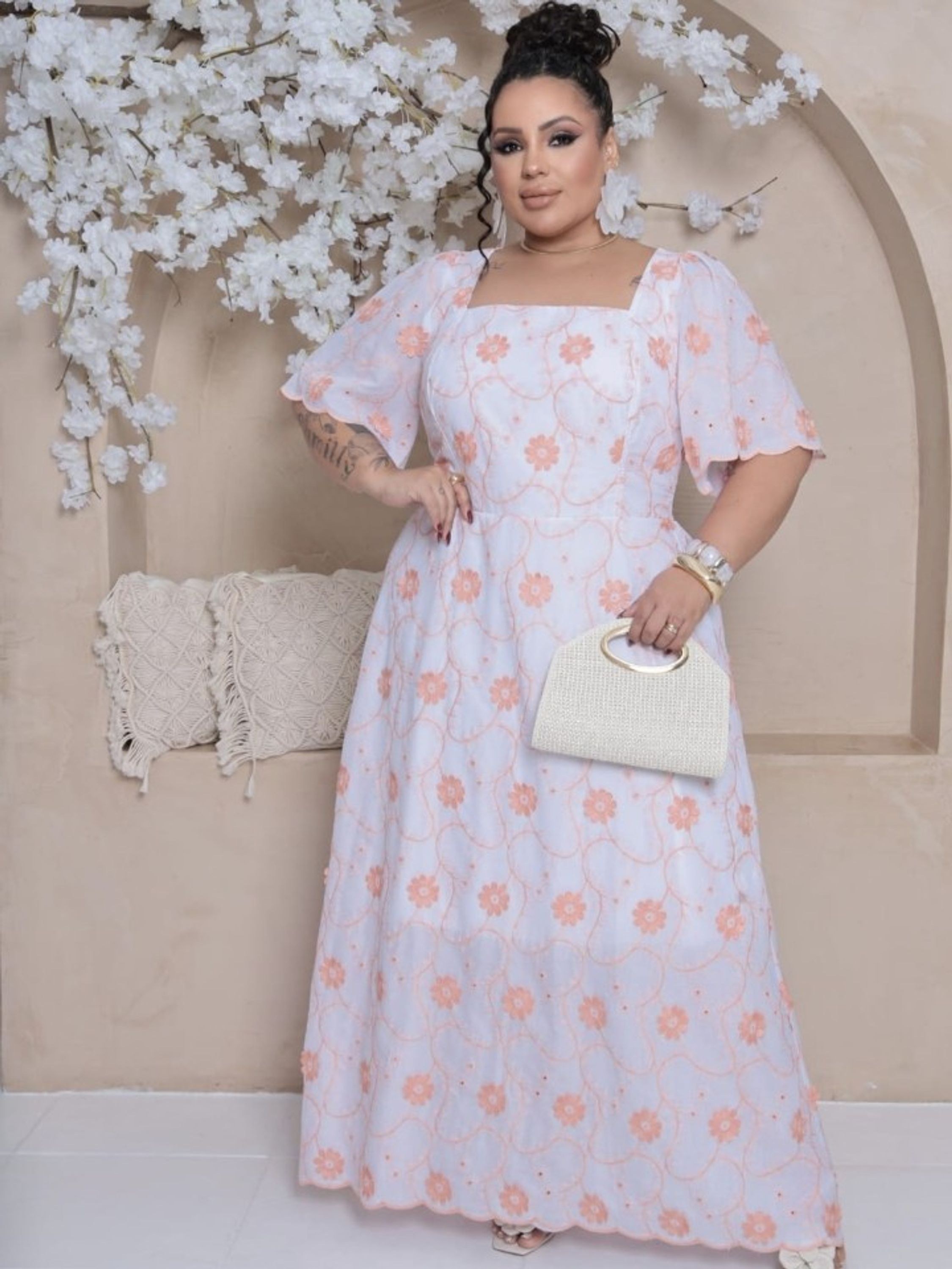 Vestido longo feminino Plus size com manga (129)