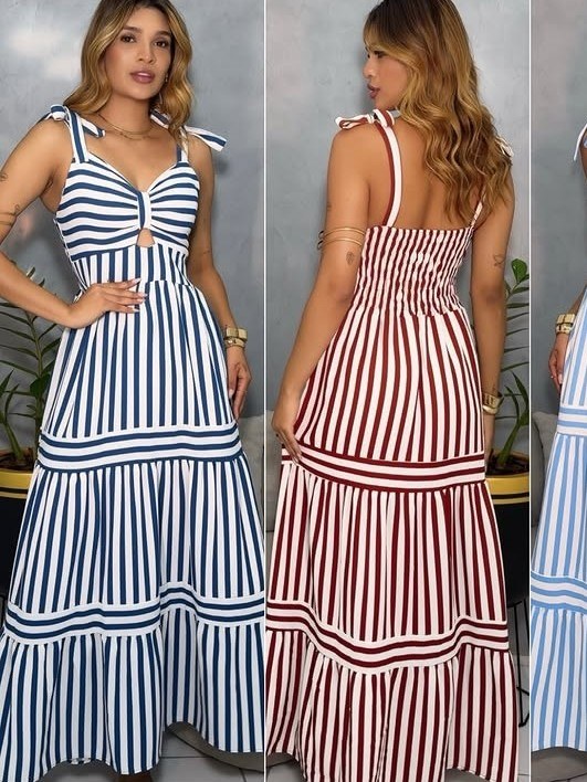 Vestido longo feminino listrado com bojo (14)