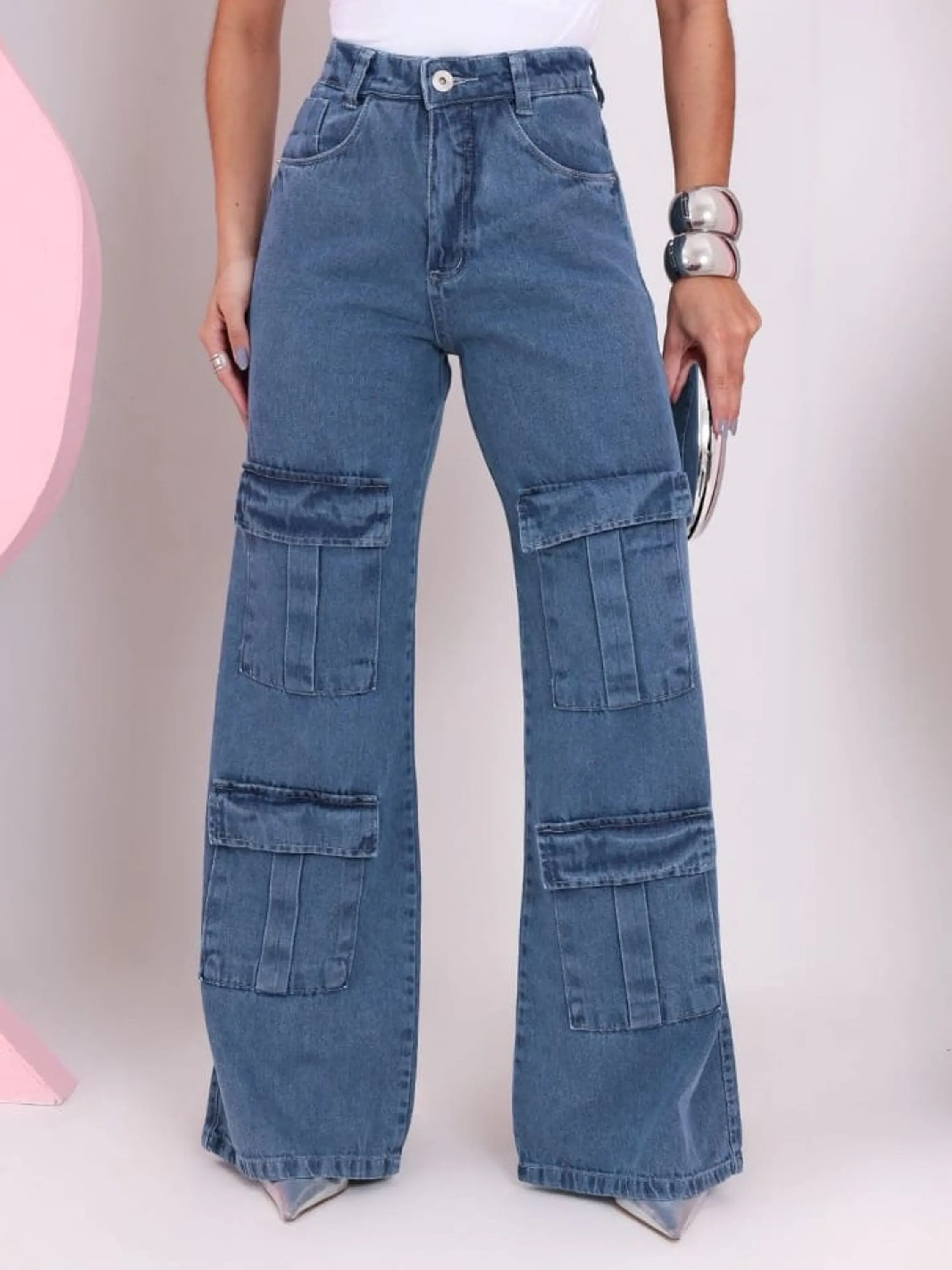Calça cargo jeans feminina