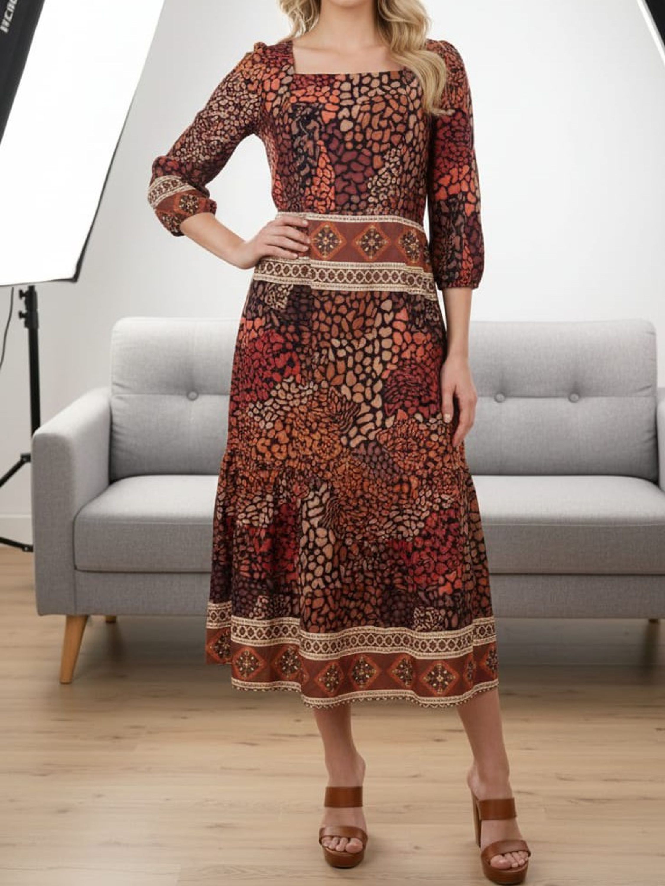 Vestido longuette manga 3/4