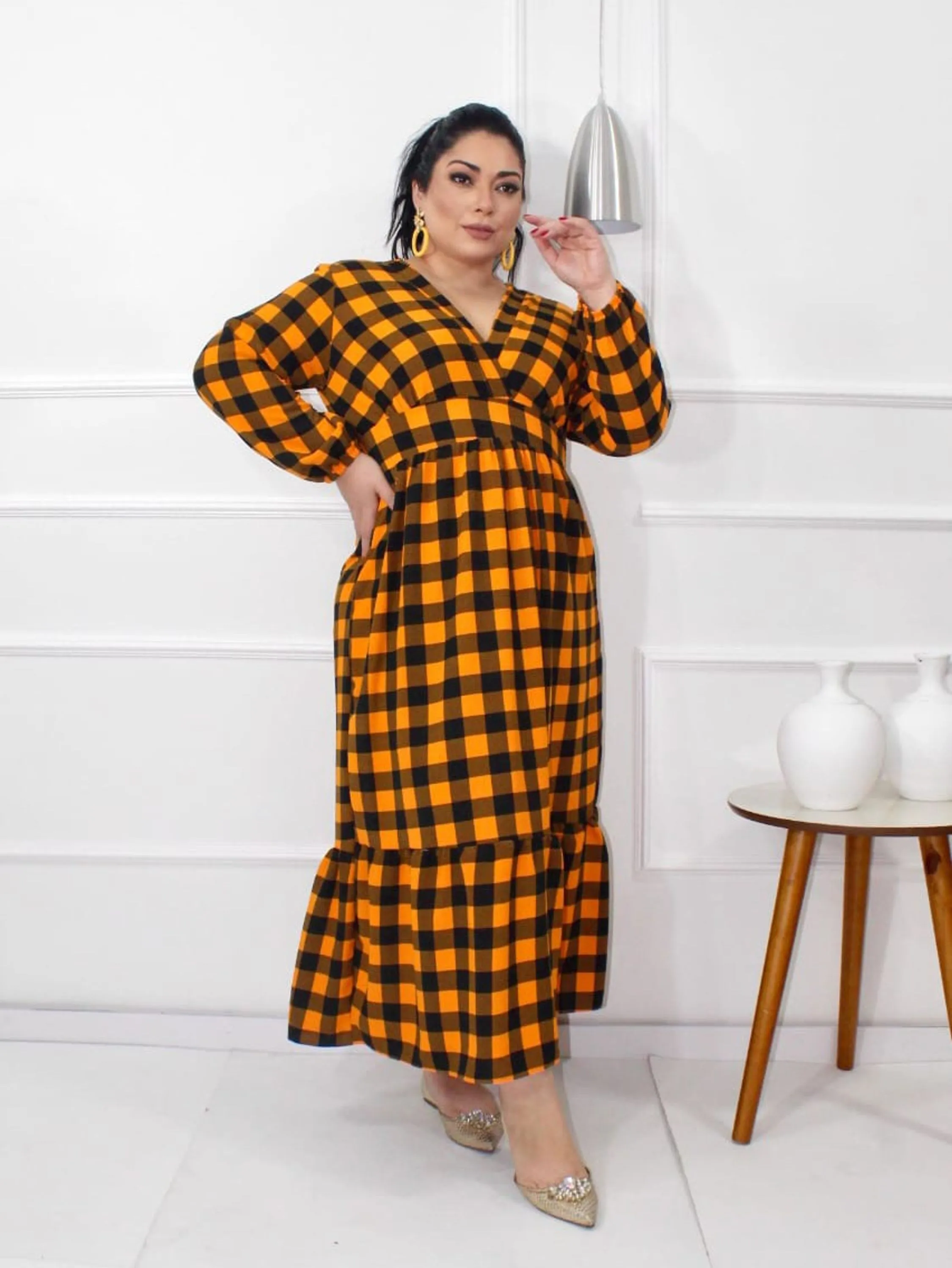 Vestido Xadrez PlusSize manga longa