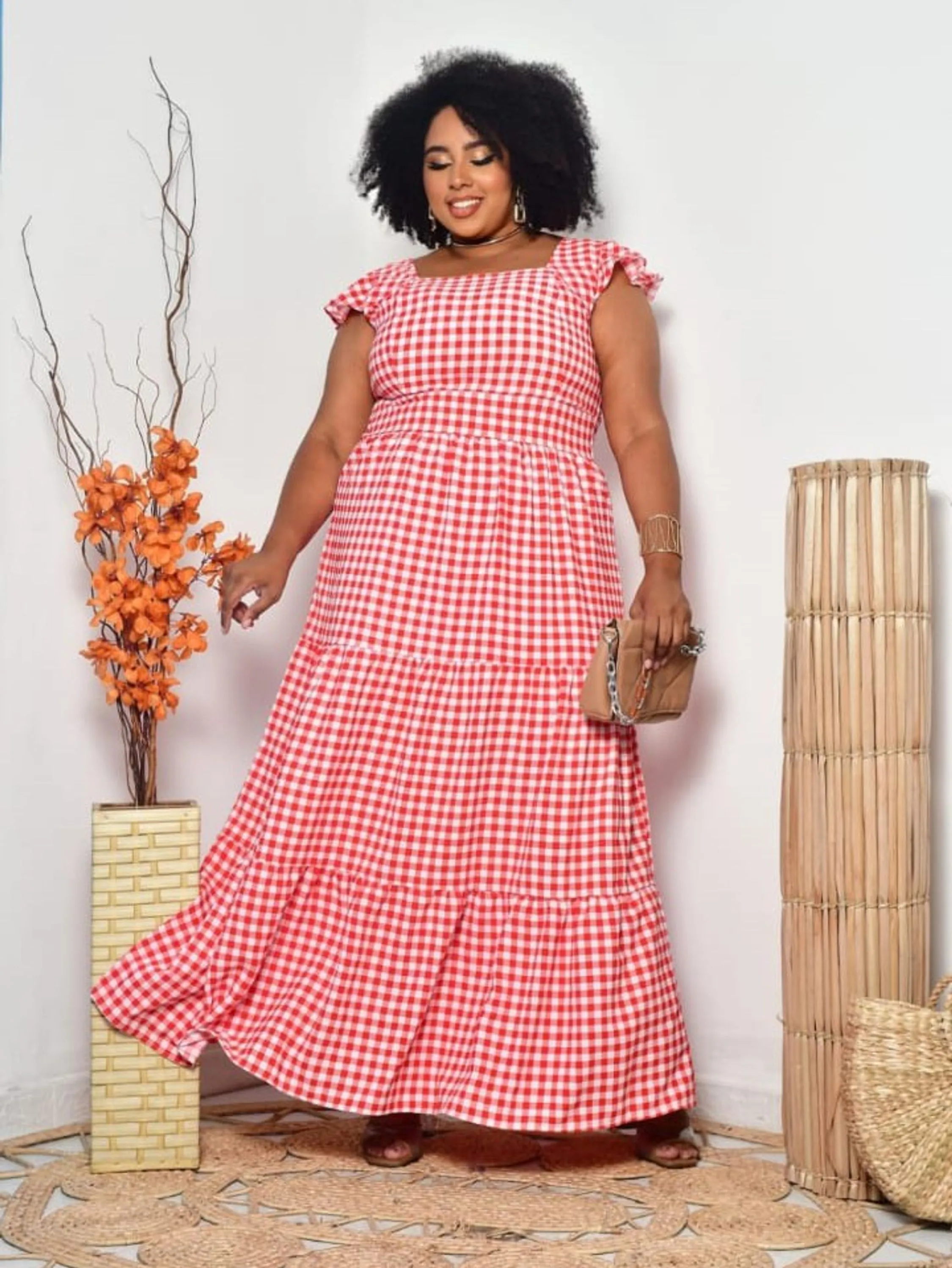 Vestido PlusSize xadrez alça borboleta