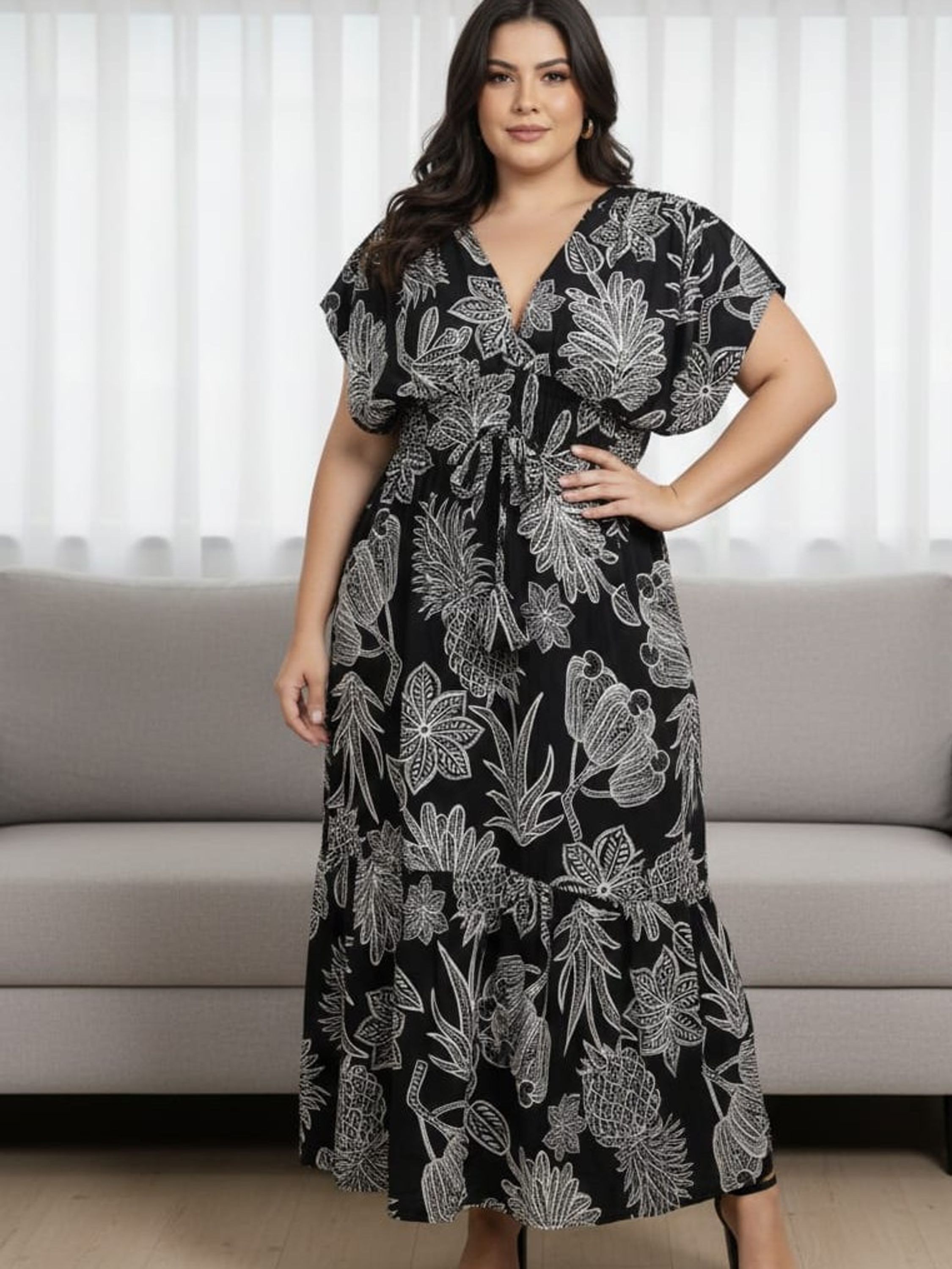 Vestido longo manga franzida