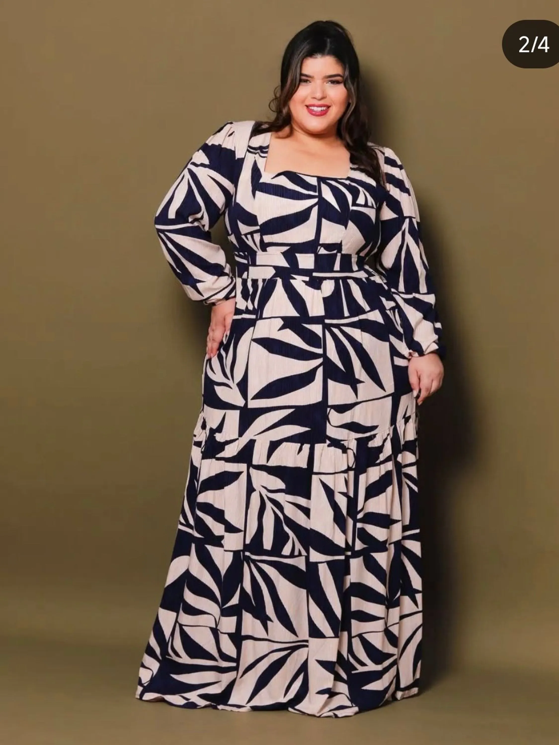 Vestido longo de manga longa decote quadrado PlusSize