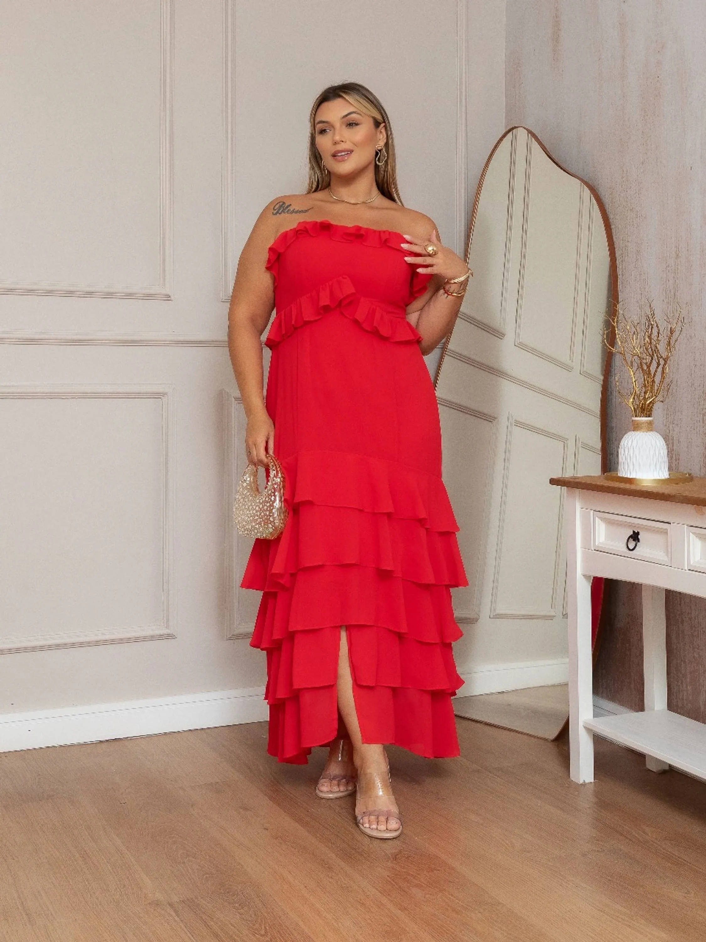 PLSML47- Vestido Thalita Plus SiZE com Babados