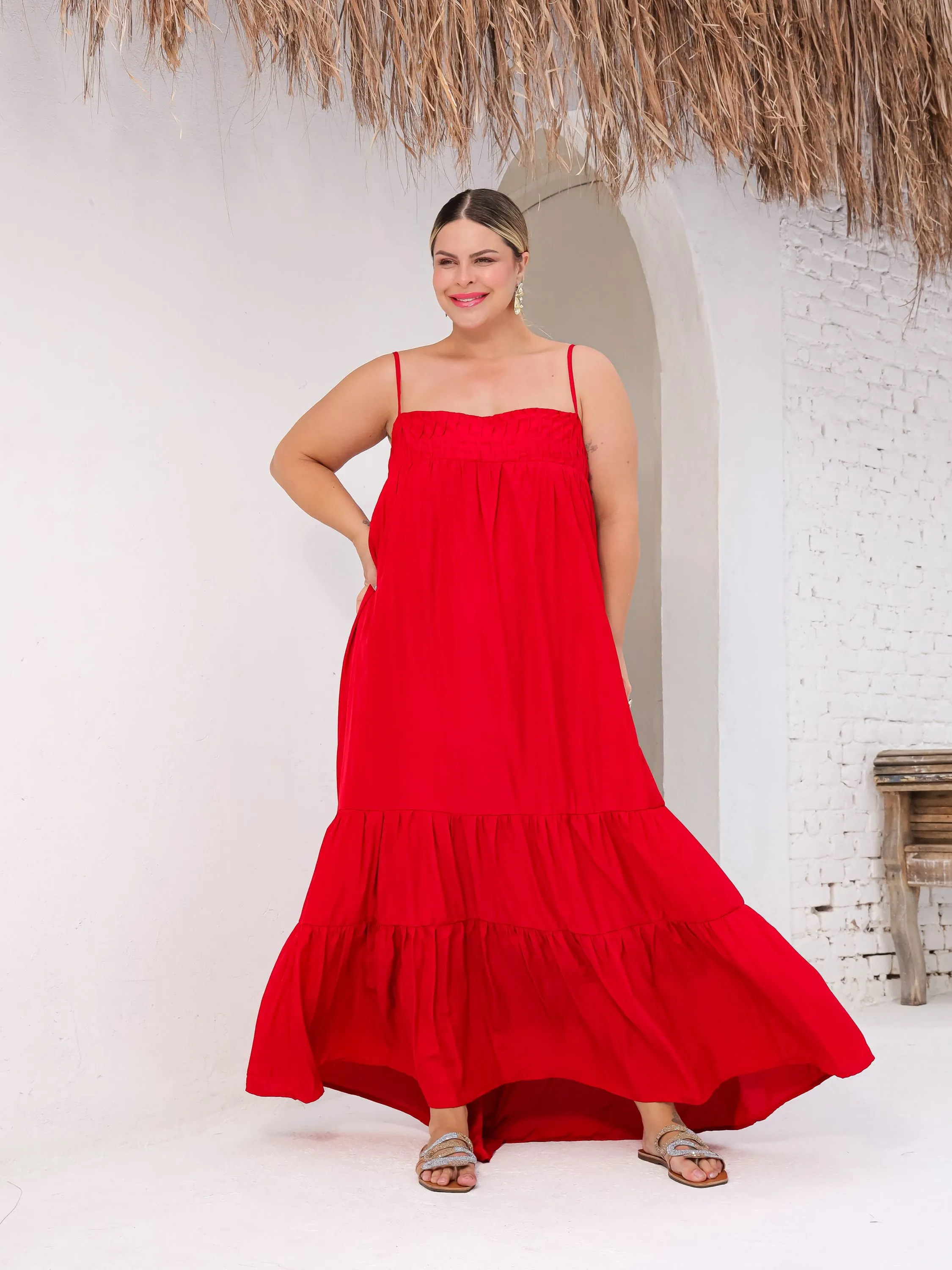 PLSML11 -   Vestido longo franzido Plus Size  Sorrento