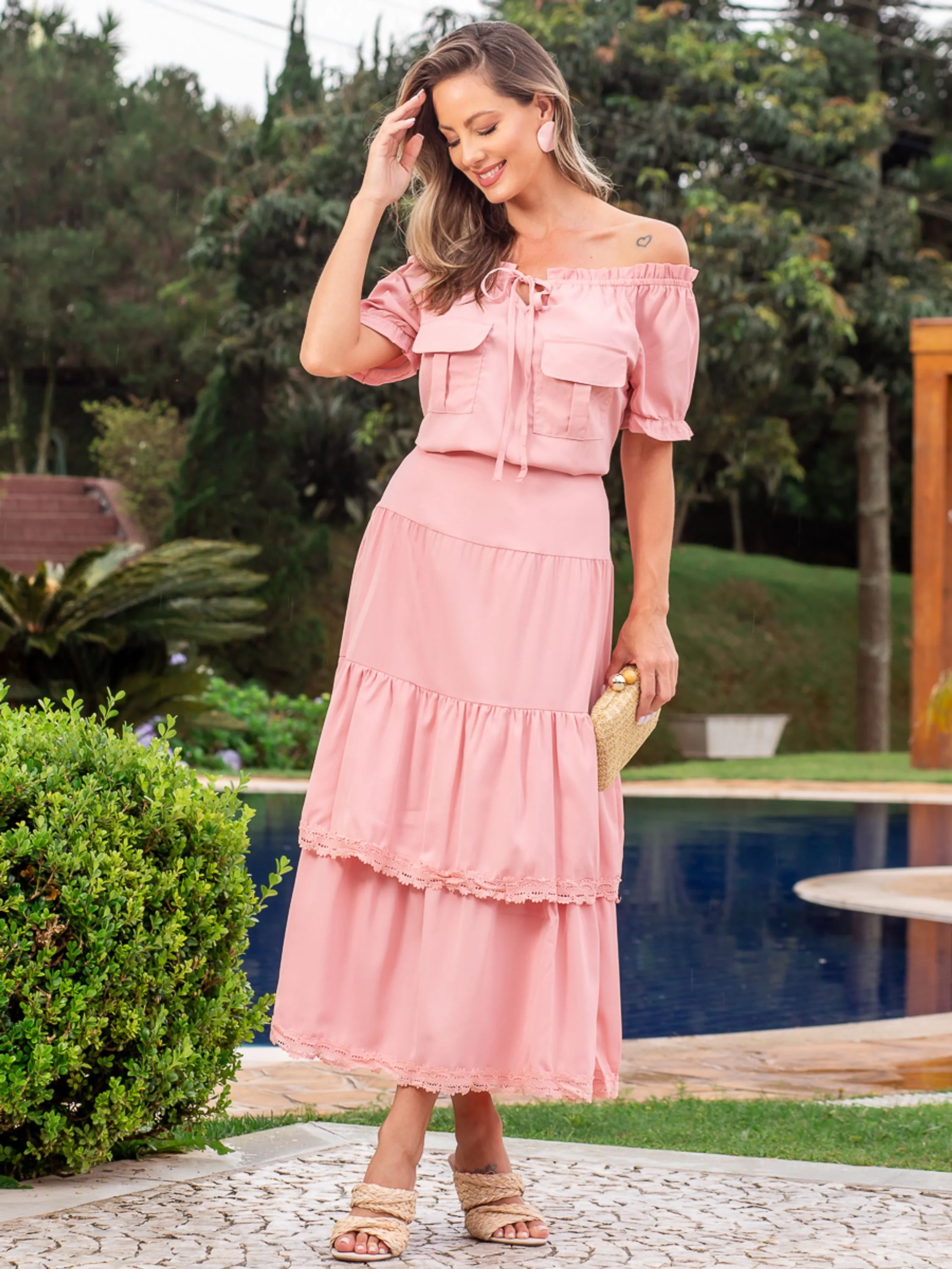 PY717:   CONJUNTO FEMININO BLUSA E SAIA MIDI COM BABADOS EM CREPE COM FORRO ROM NTICO ELEGANTE