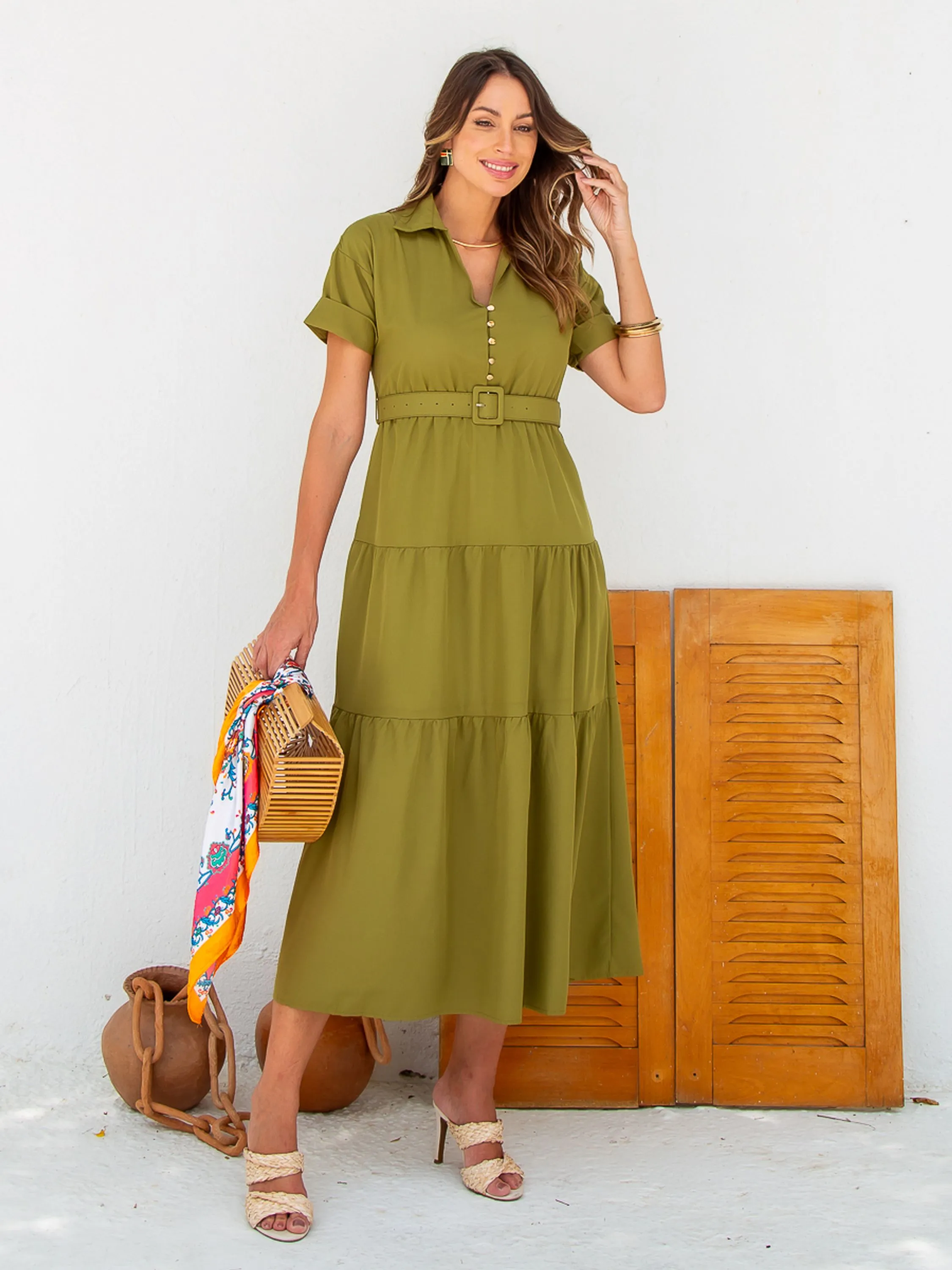 PY718: VESTIDO FEMININO MANGA CURTA MIDI COM CINTO E SAIA EVASE EM CREPE ELEGANTE COM FORRO