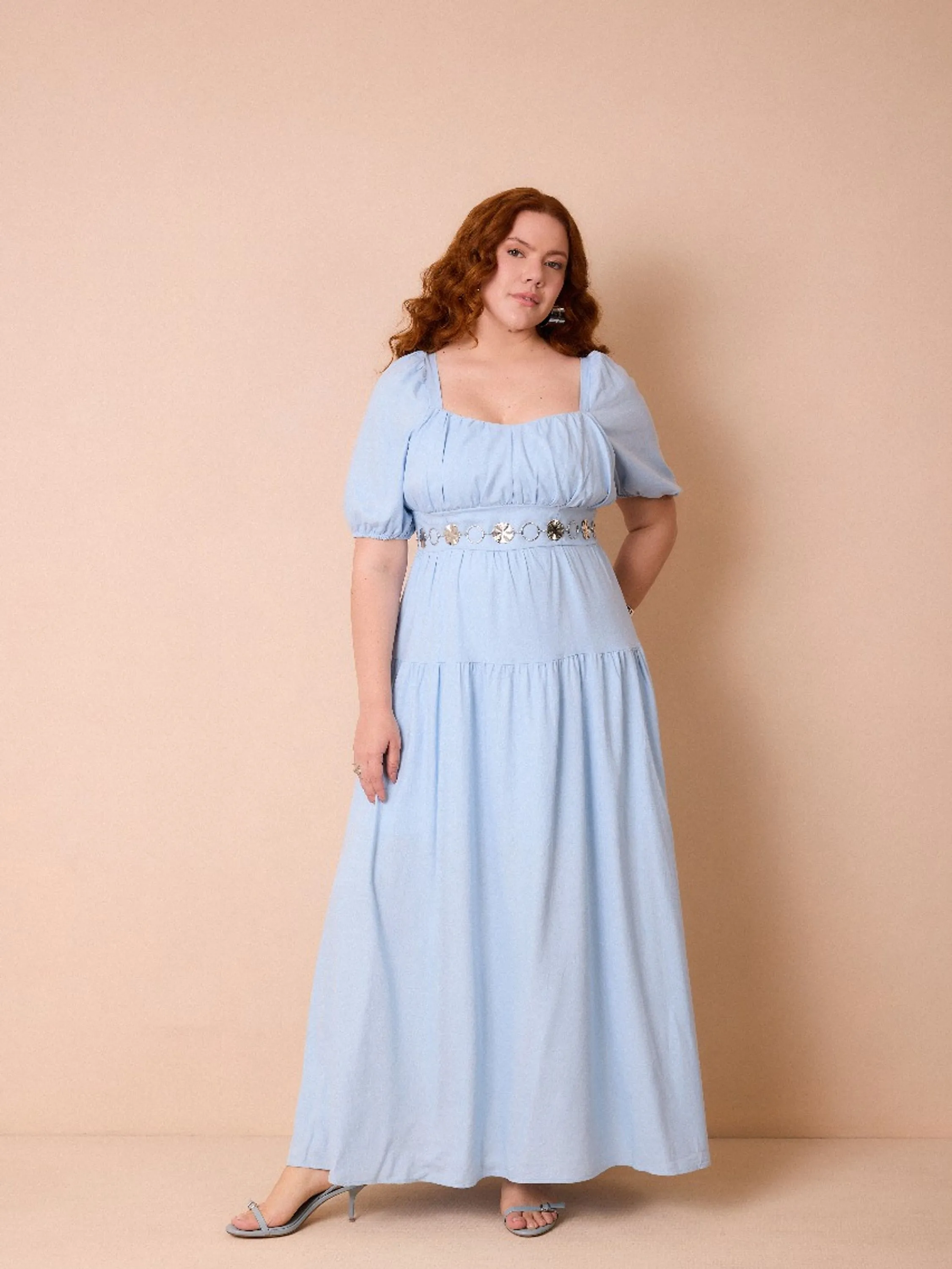 PLSML50- Vestido Liza Plus Decote Quadrado e Mangas Bufantes