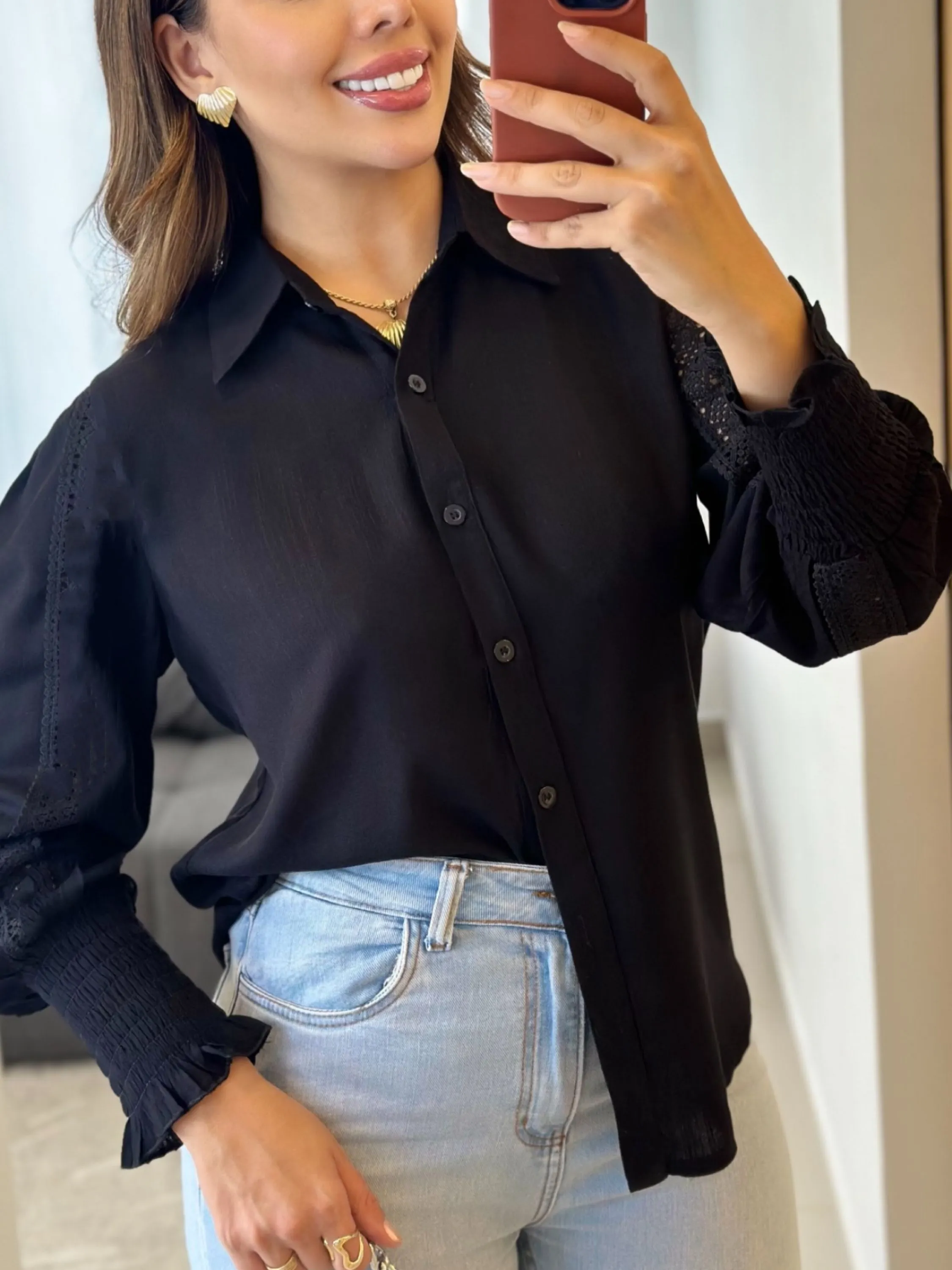 Blusa de camisa Mangas elásticas linho pedro ji