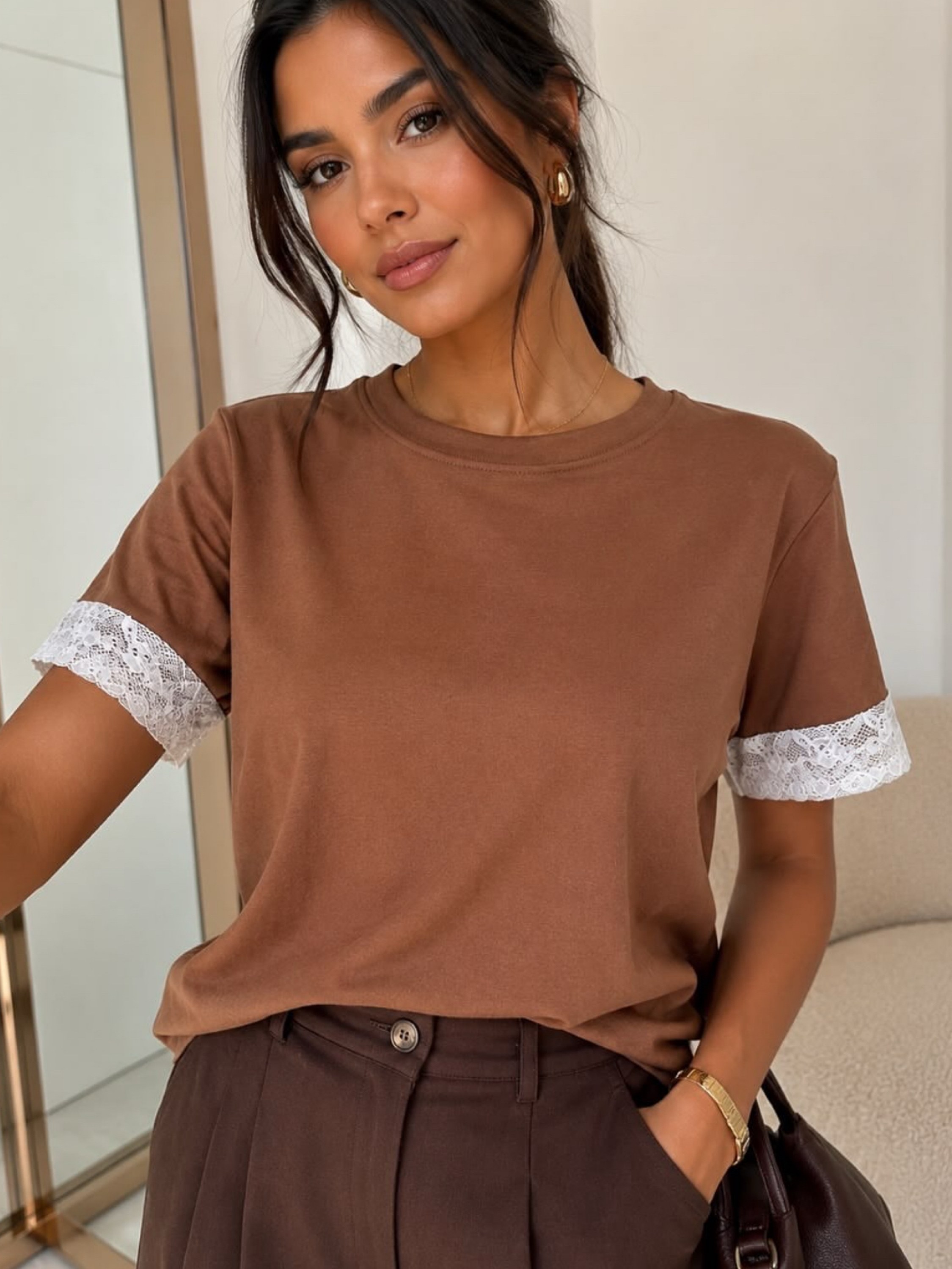 Blusa de algodão manga com renda importado pedroji