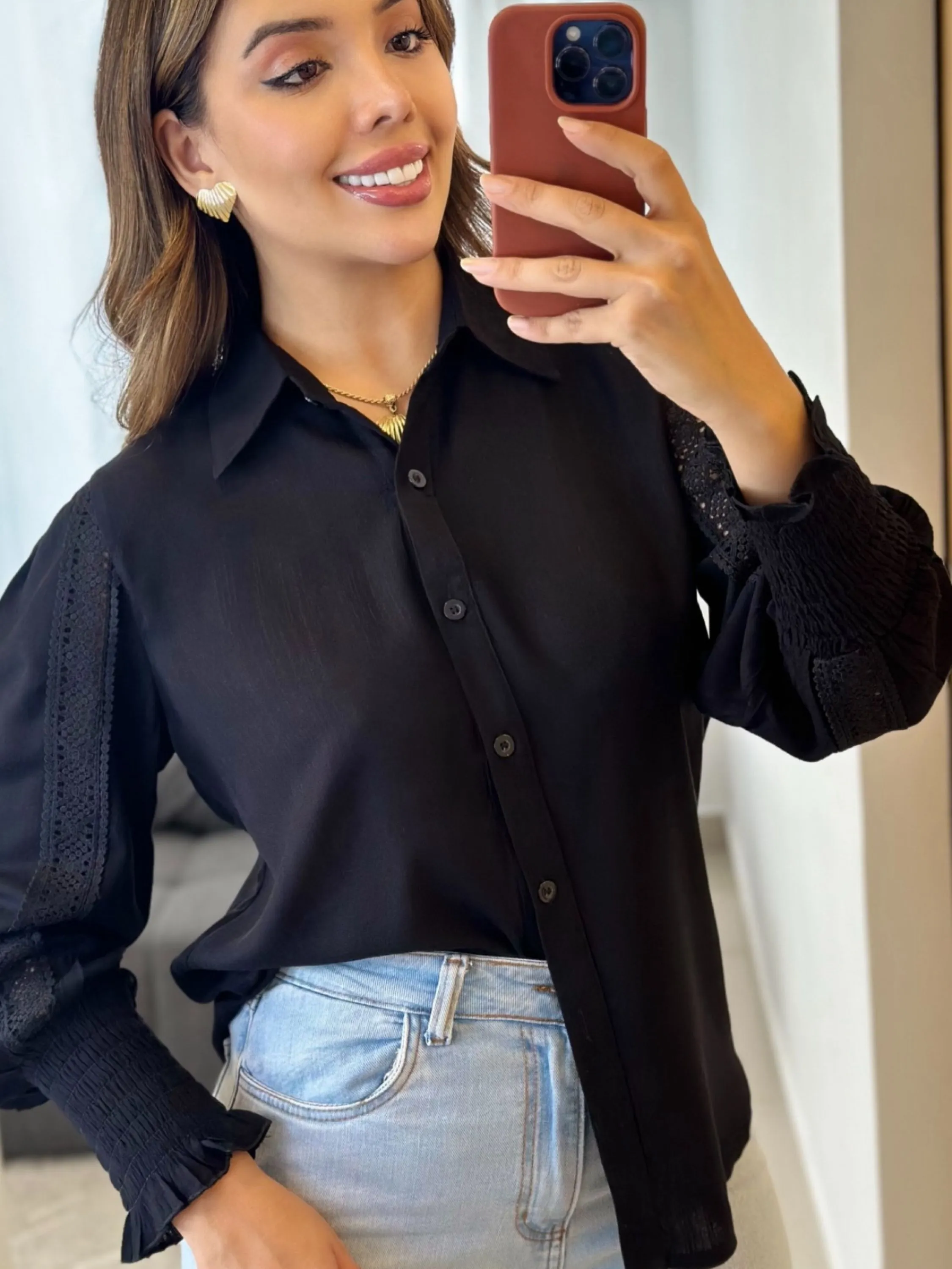 Blusa de camisa Mangas elásticas linho pedro ji