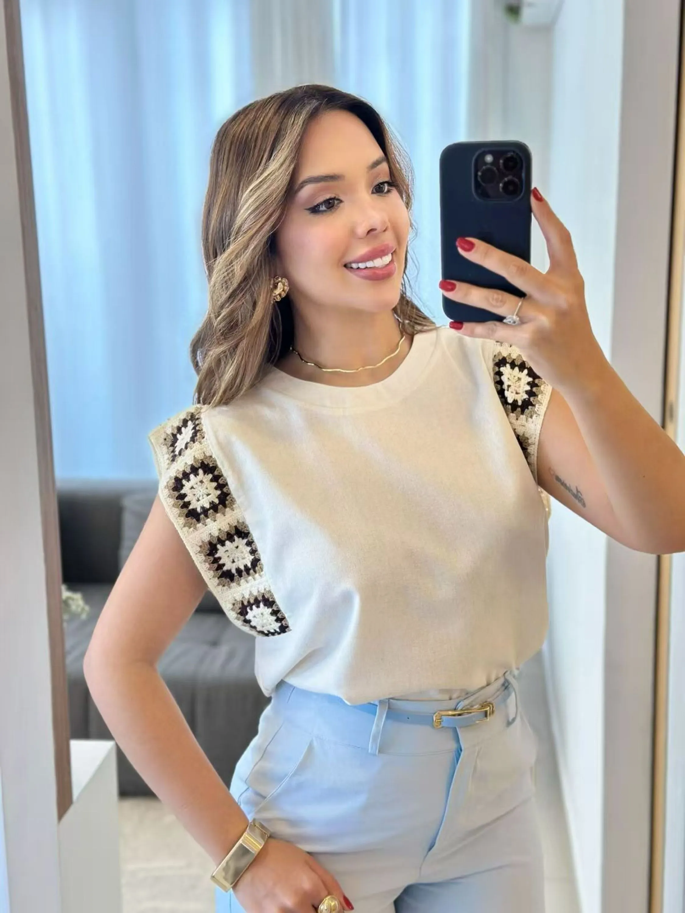Blusa manga com bordado linho importado pedro ji
