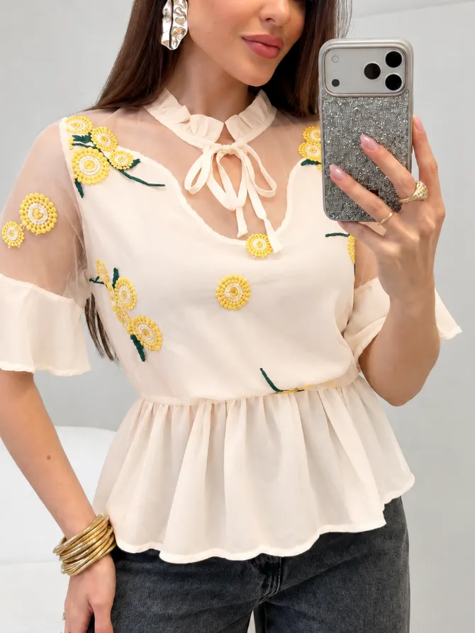 Blusa Manguinha Detalhes Com Tule Flor FY1165