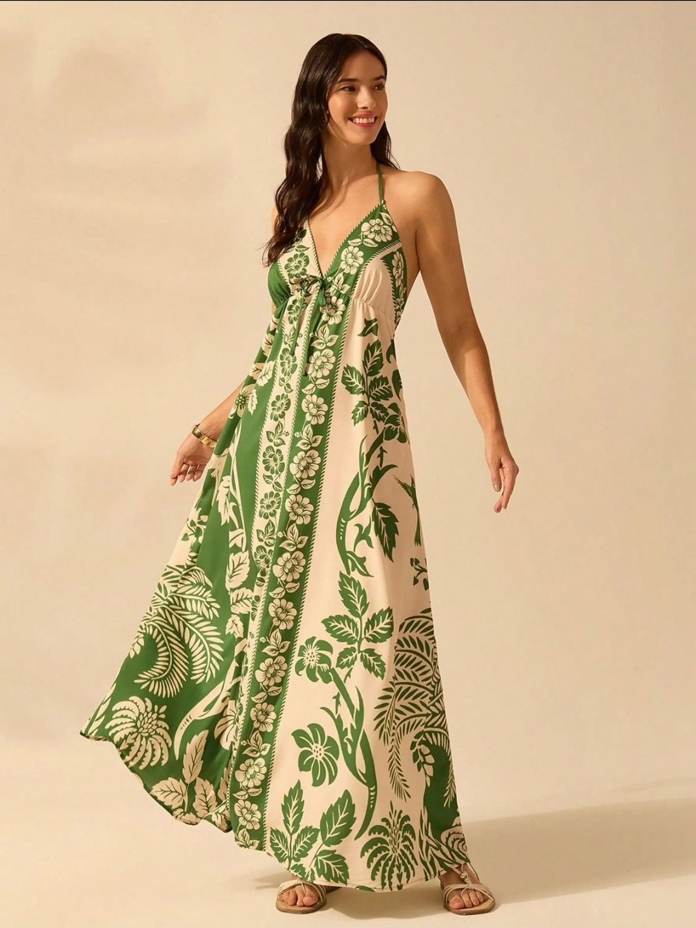 Vestido amarração pescoço floral