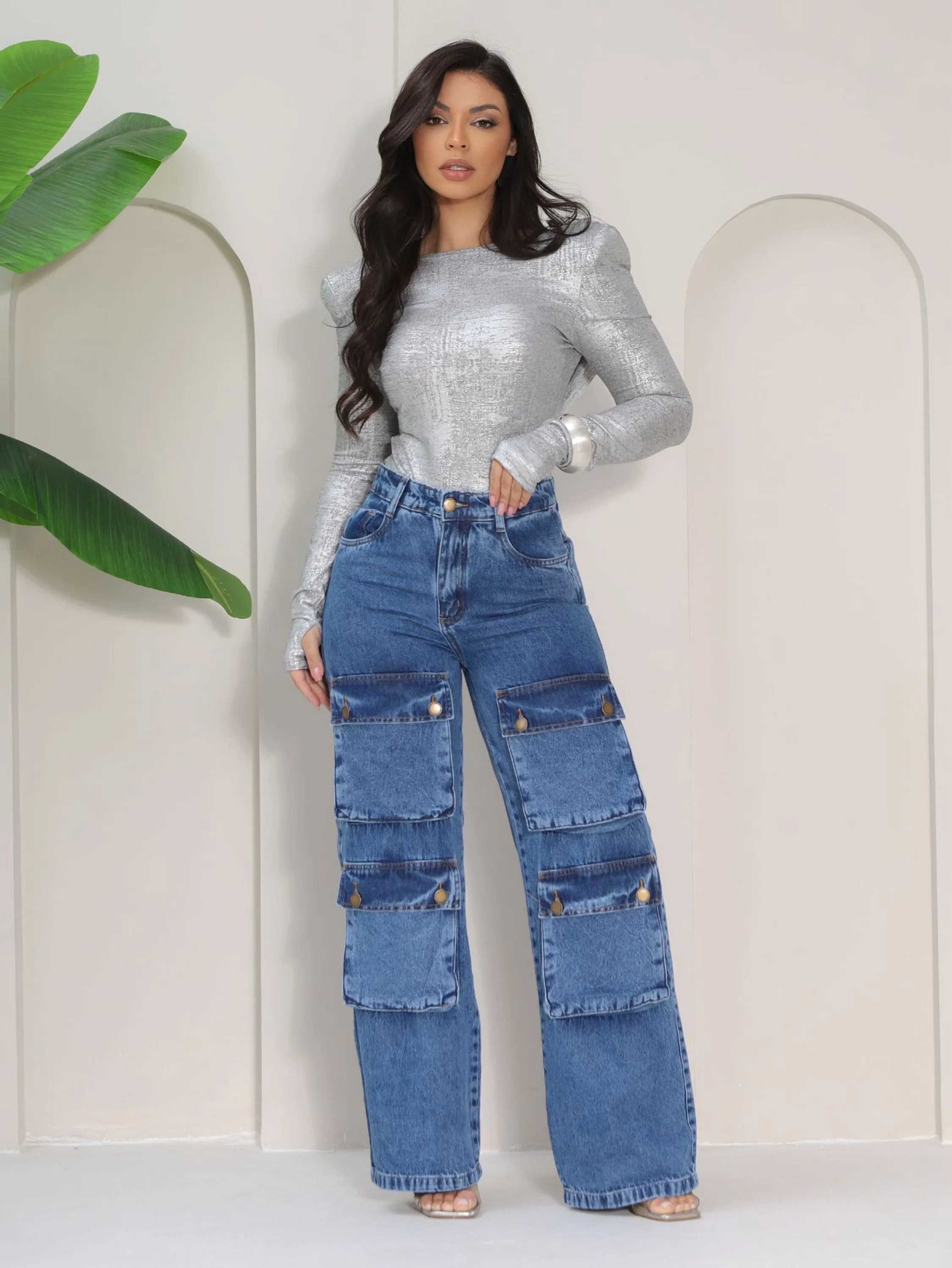 Wide Leg Cargo Jeans Mom Feminina  Sem Elastano Premium 2273