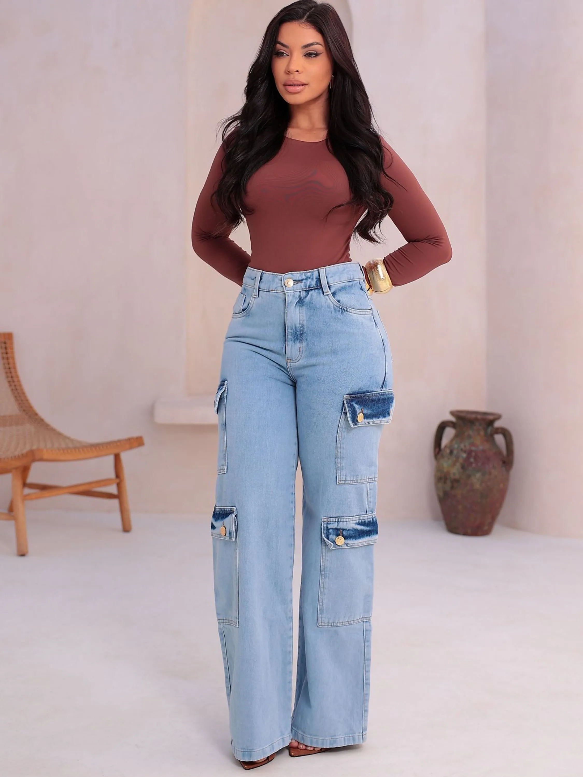 Wide Leg Cargo Jeans Mom Feminina  Sem Elastano Premium 2266