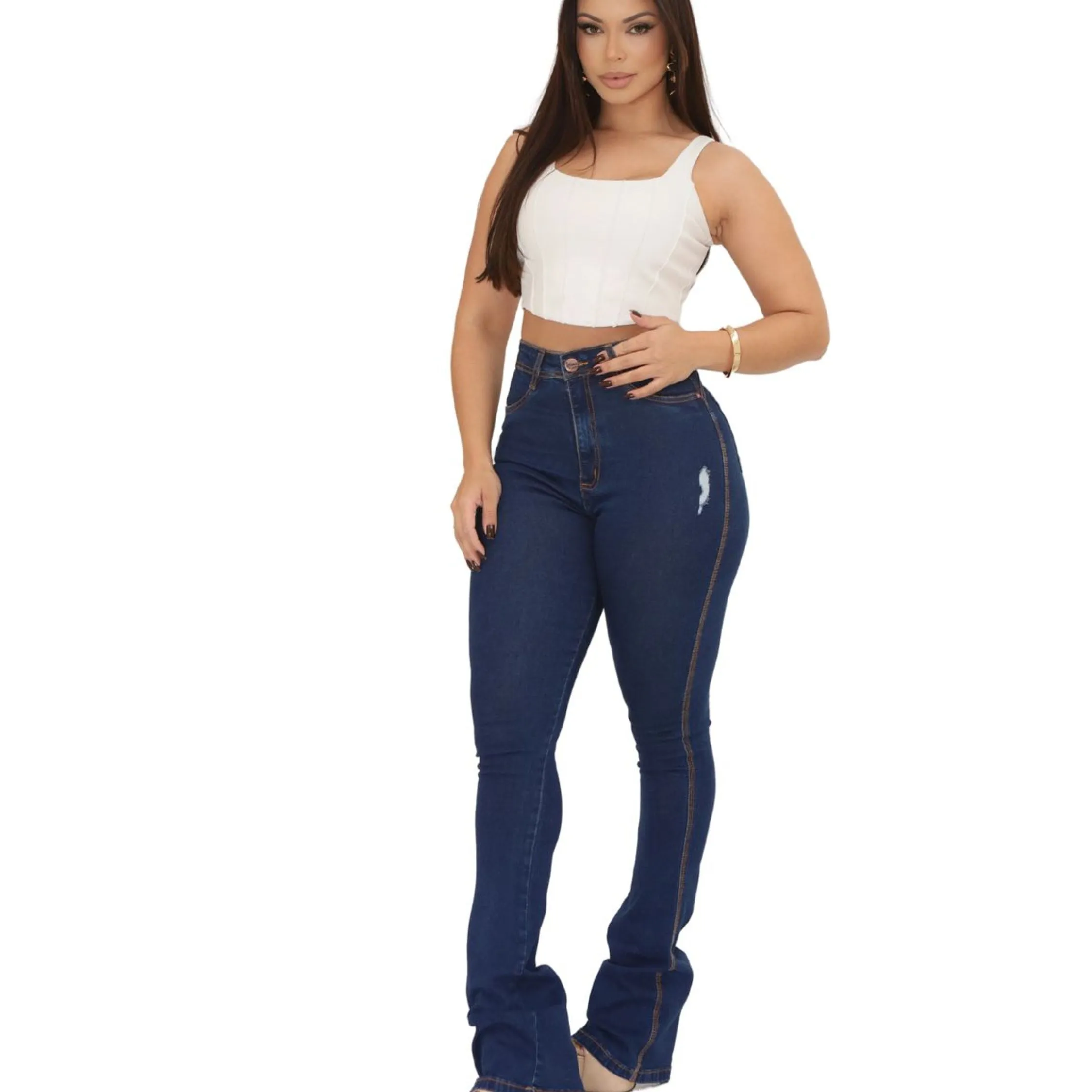 Calça Flare Jeans Feminino com Elastano Com Rasgos 2201