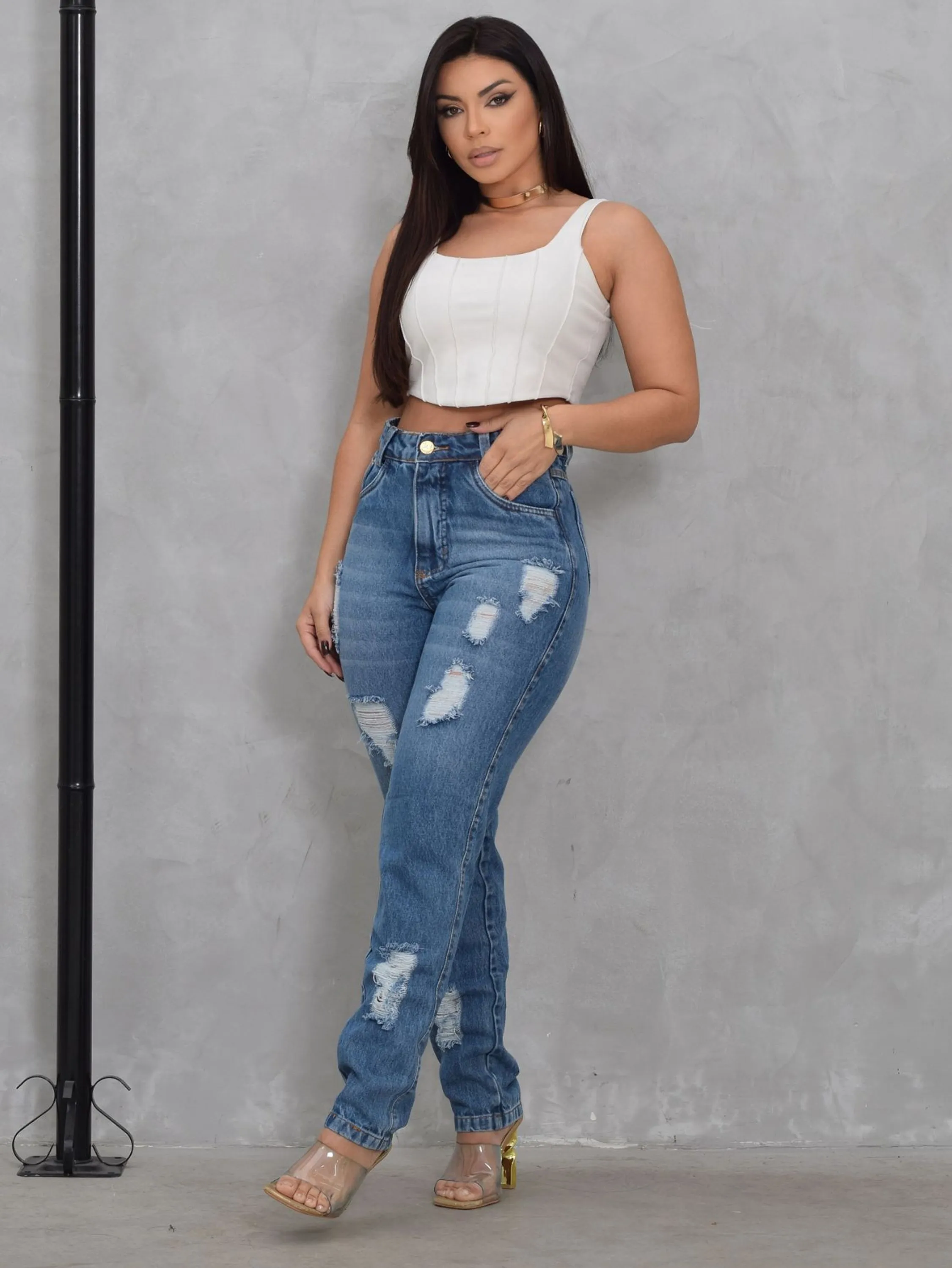 Calça Mom Jeans Feminino  Sem Elastano Com Rasgo 2196