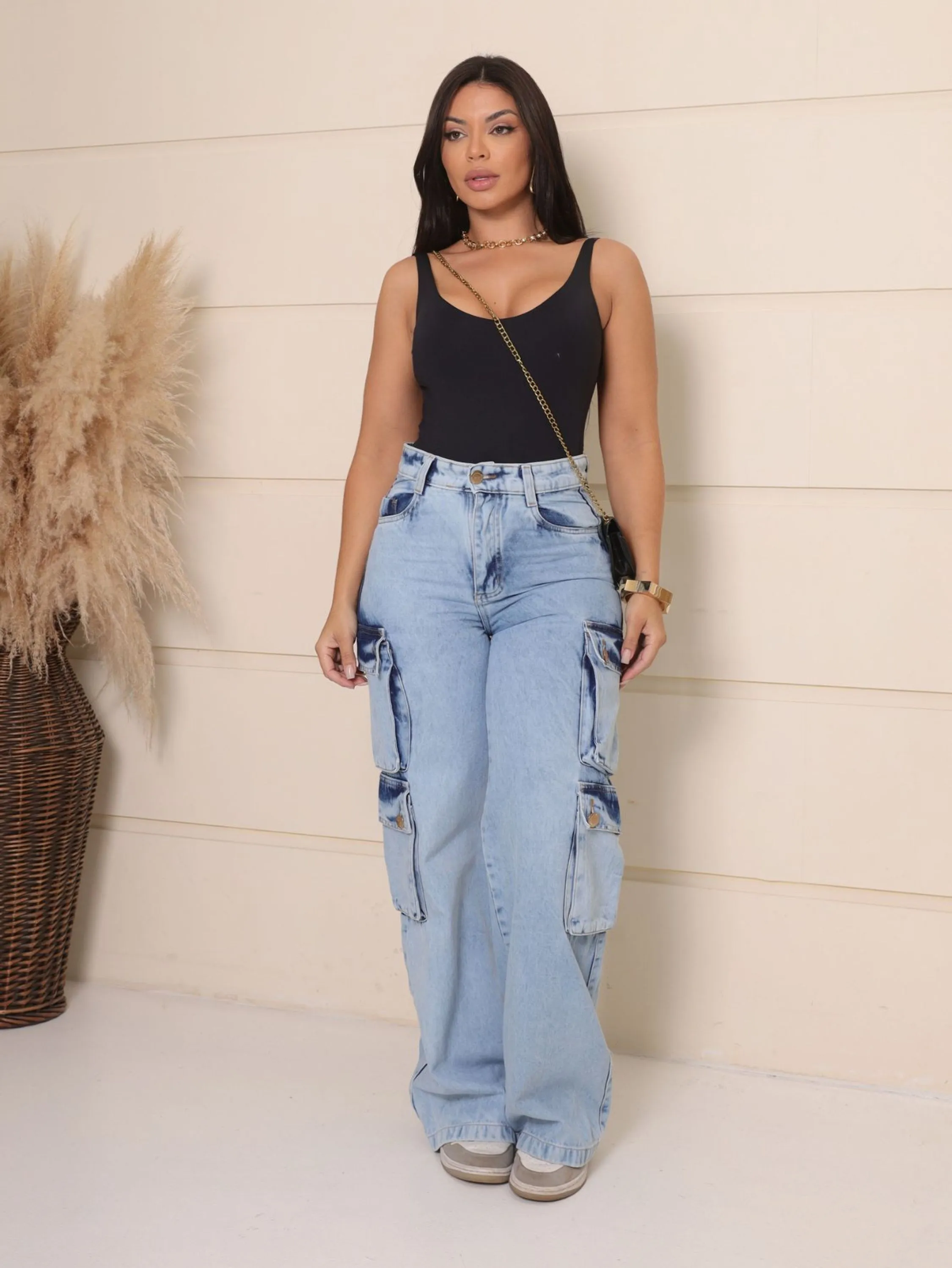 Wide Leg Cargo Jeans Mom Feminina  Sem Elastano Premium 2268