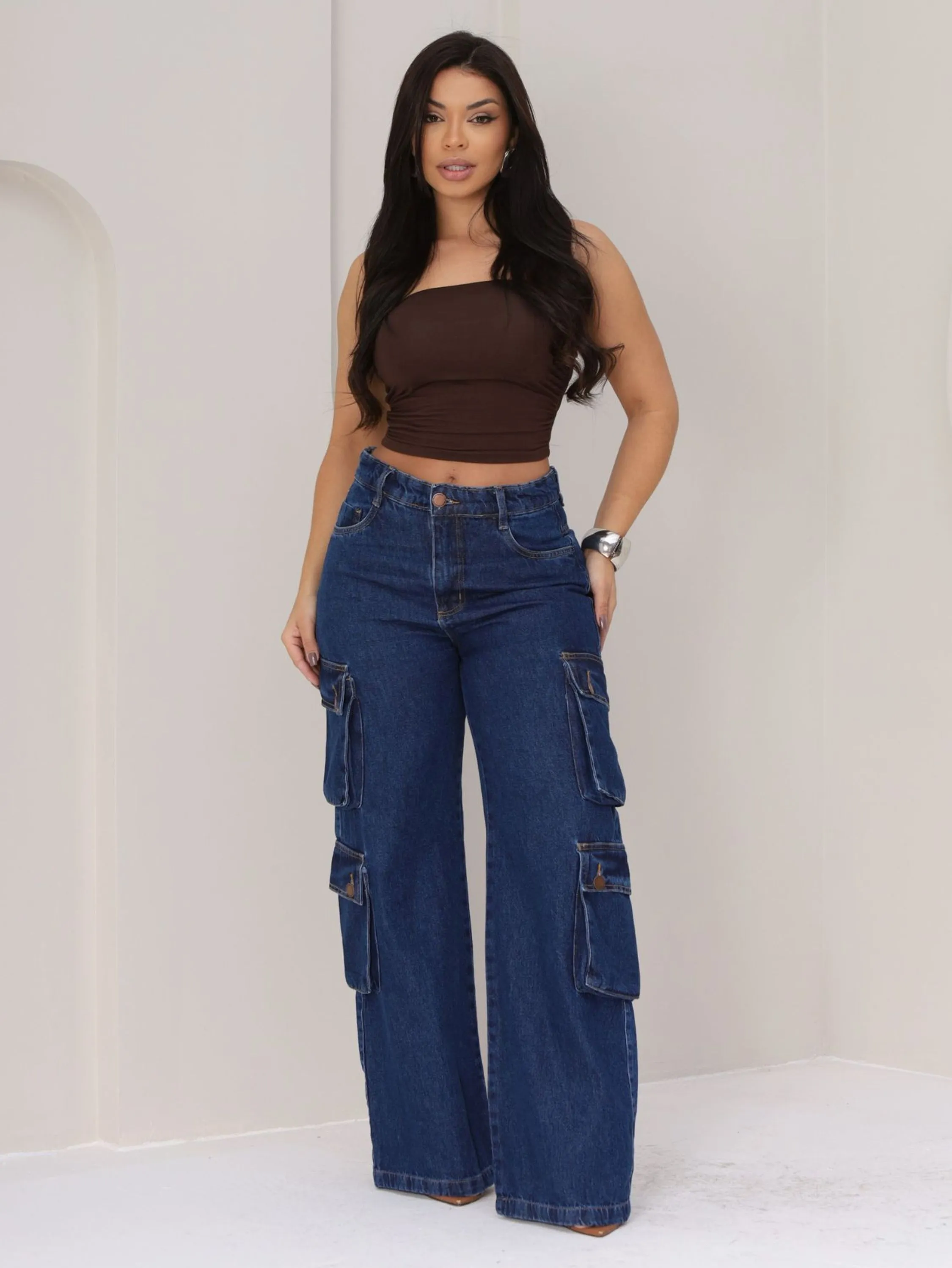 Wide Leg Cargo Jeans Mom Feminina  Sem Elastano Premium 2270