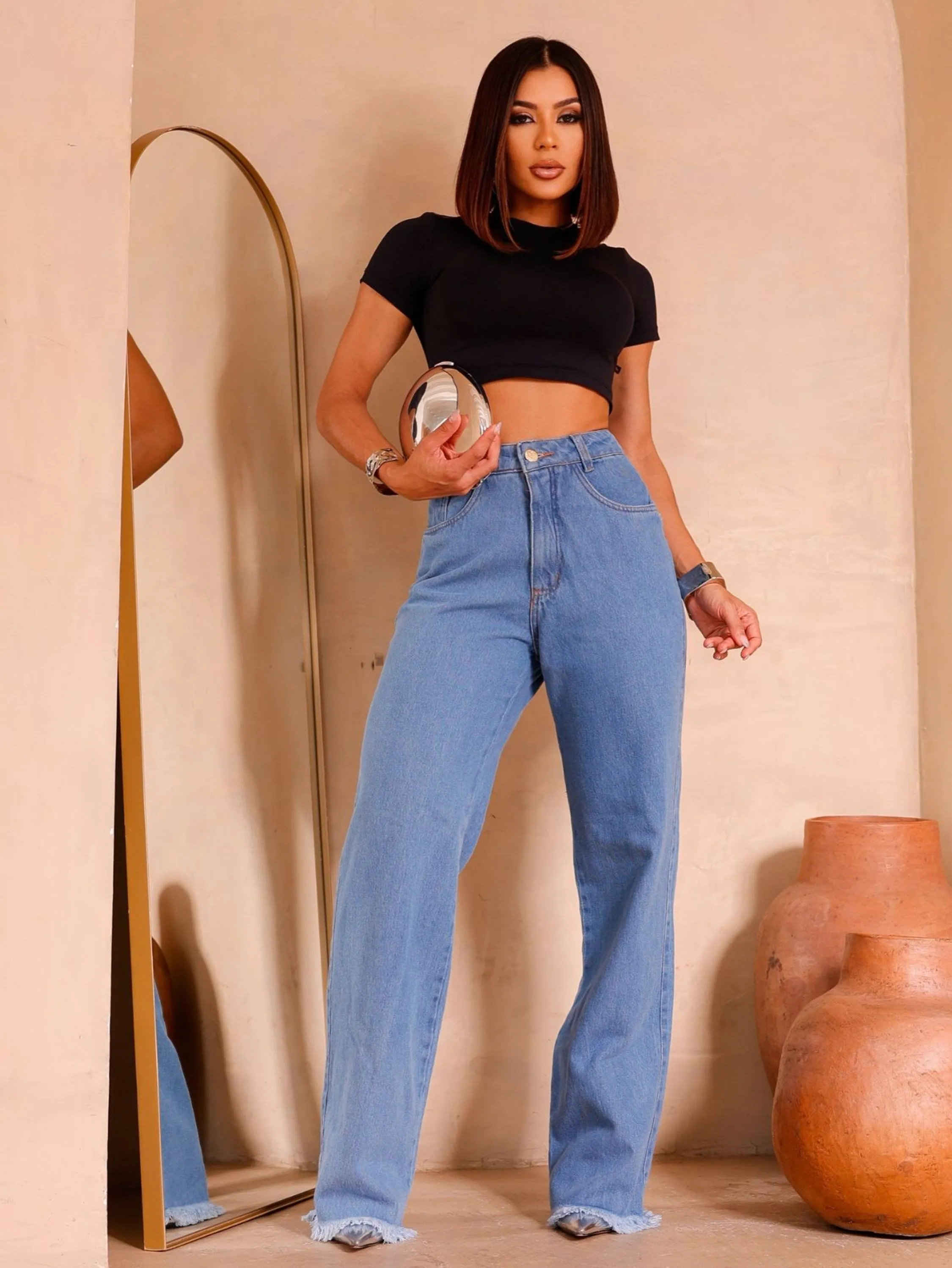 Wide Leg Jeans Mom Feminina  Sem Elastano 2228