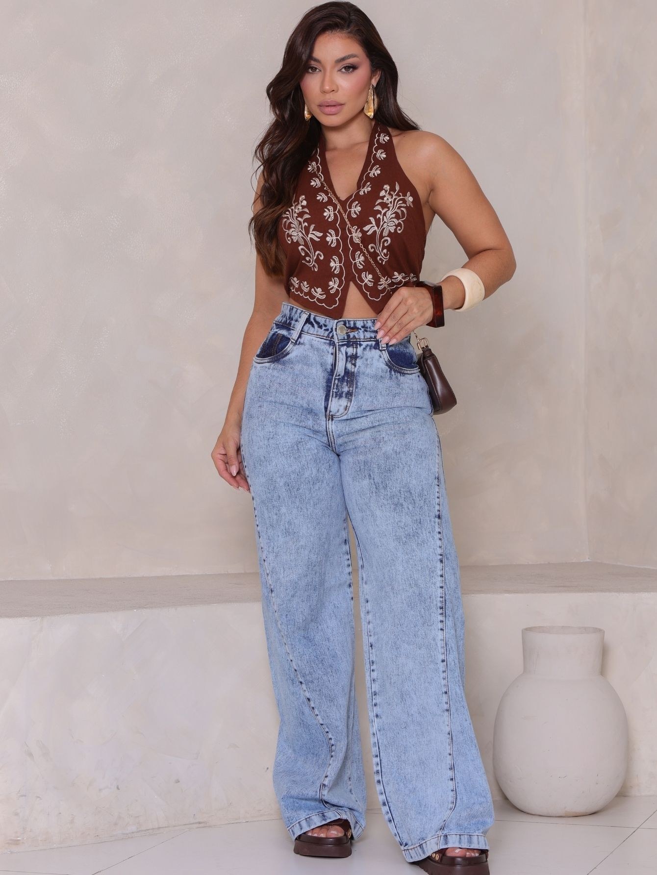 Wide Leg Mom Jeans Feminina Sem Elastano Premium 2355