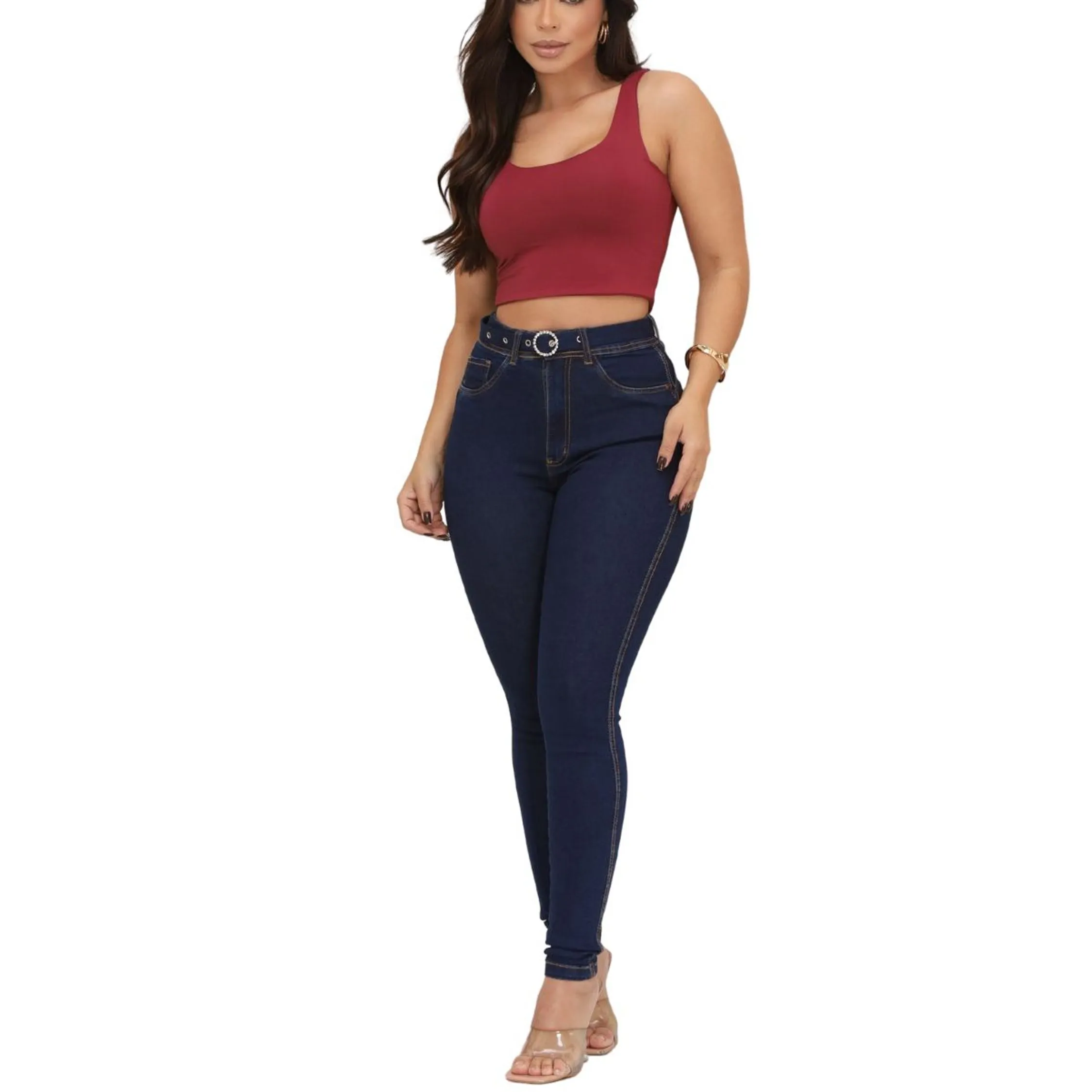 Calça Jeans Feminina  Skinny com Lycra Com Cinto 2063