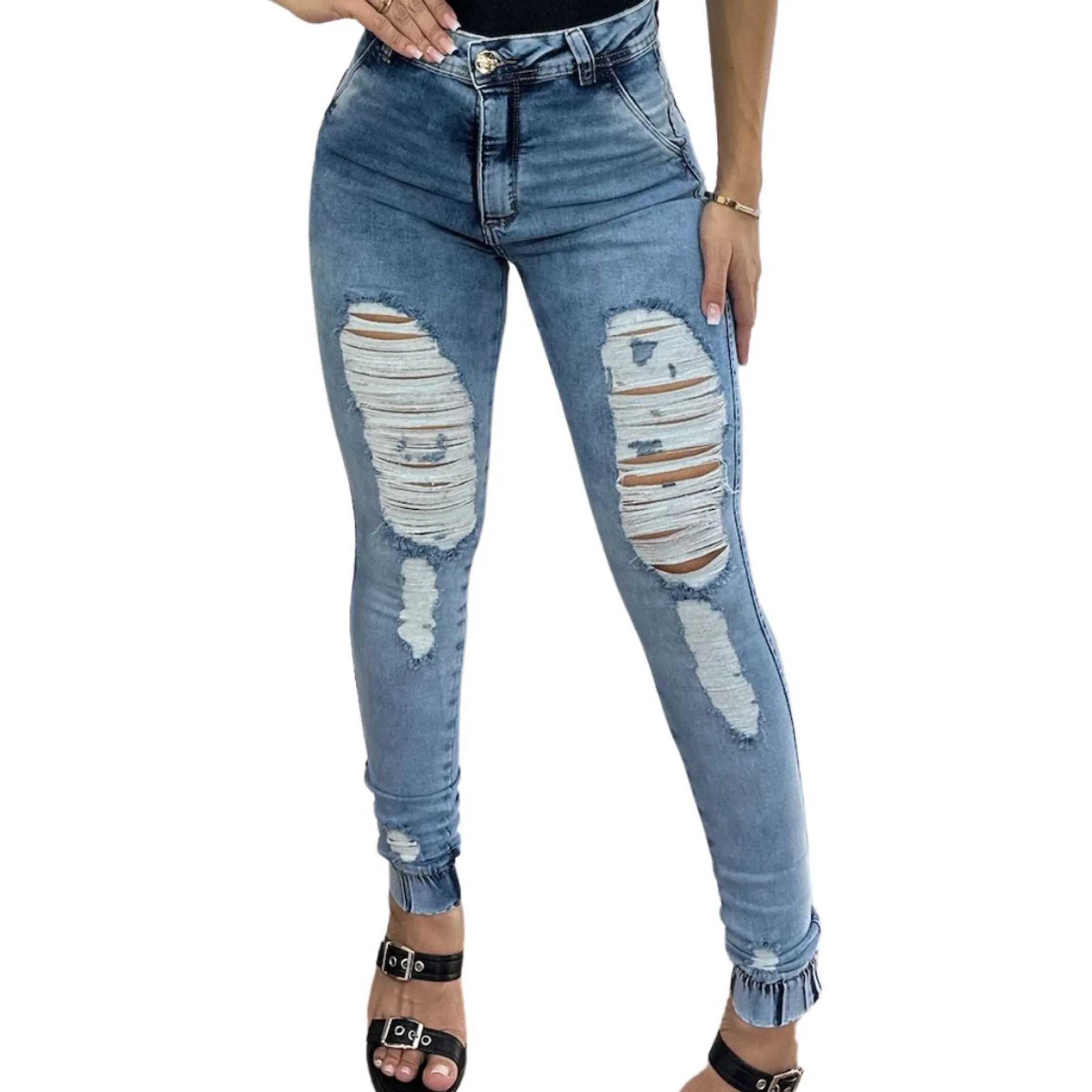 Calça Jogger Jeans Feminina com Lycra Rasgada