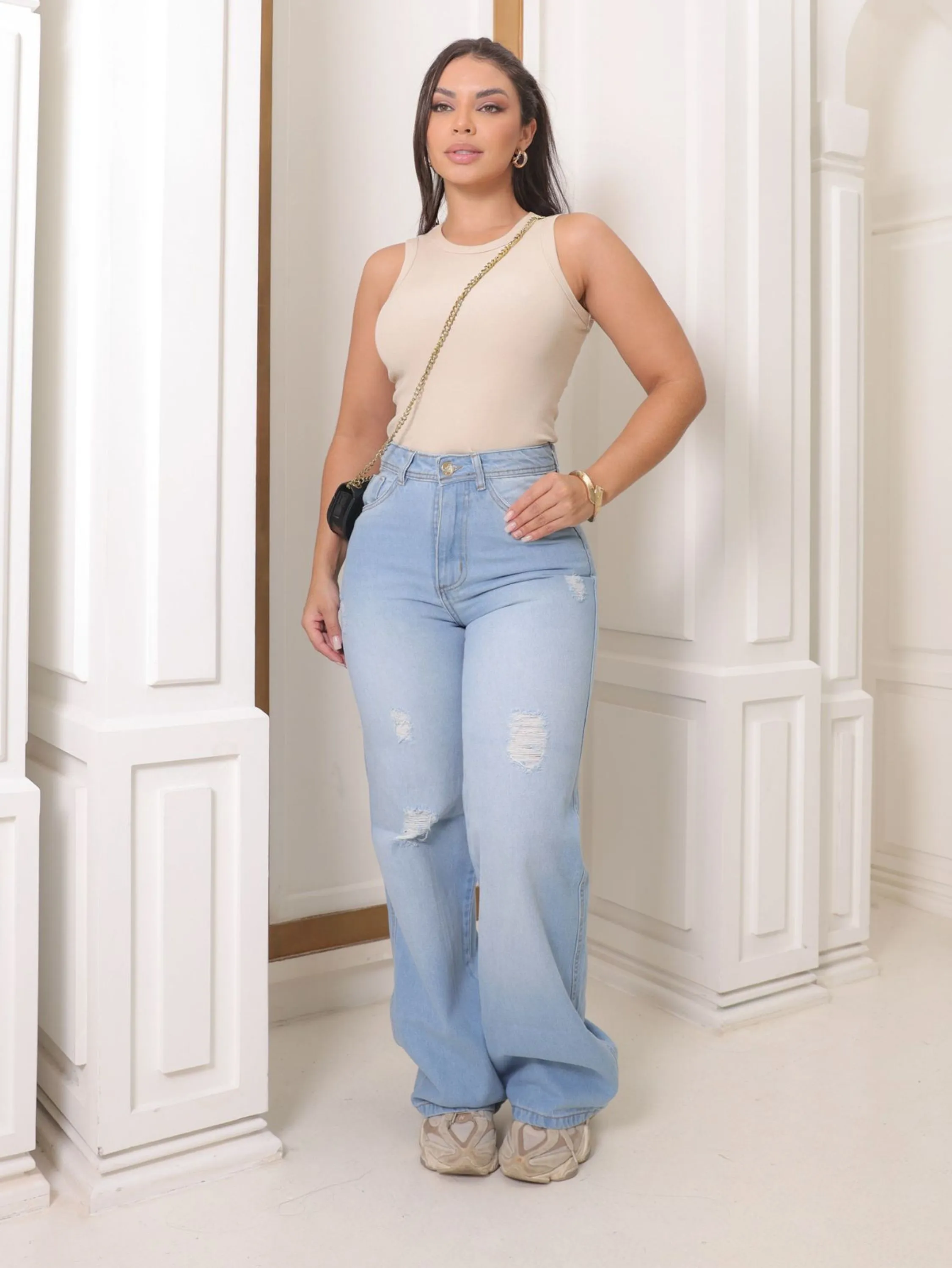 Wide Leg Jeans Mom Feminina  Sem Elastano 2263