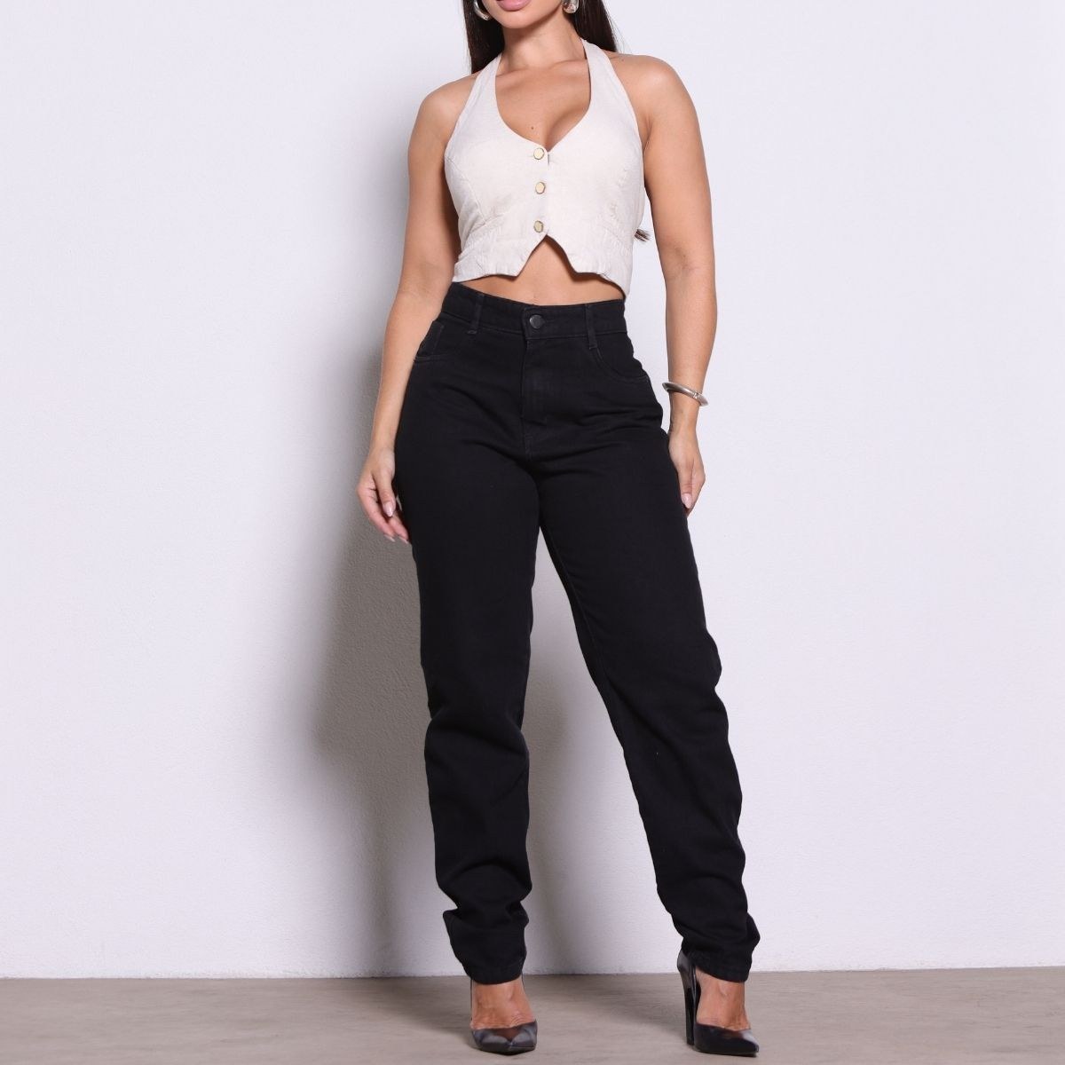 Calça Mom Jeans Preta Feminino Sem Elastano Sem Rasgo 2351