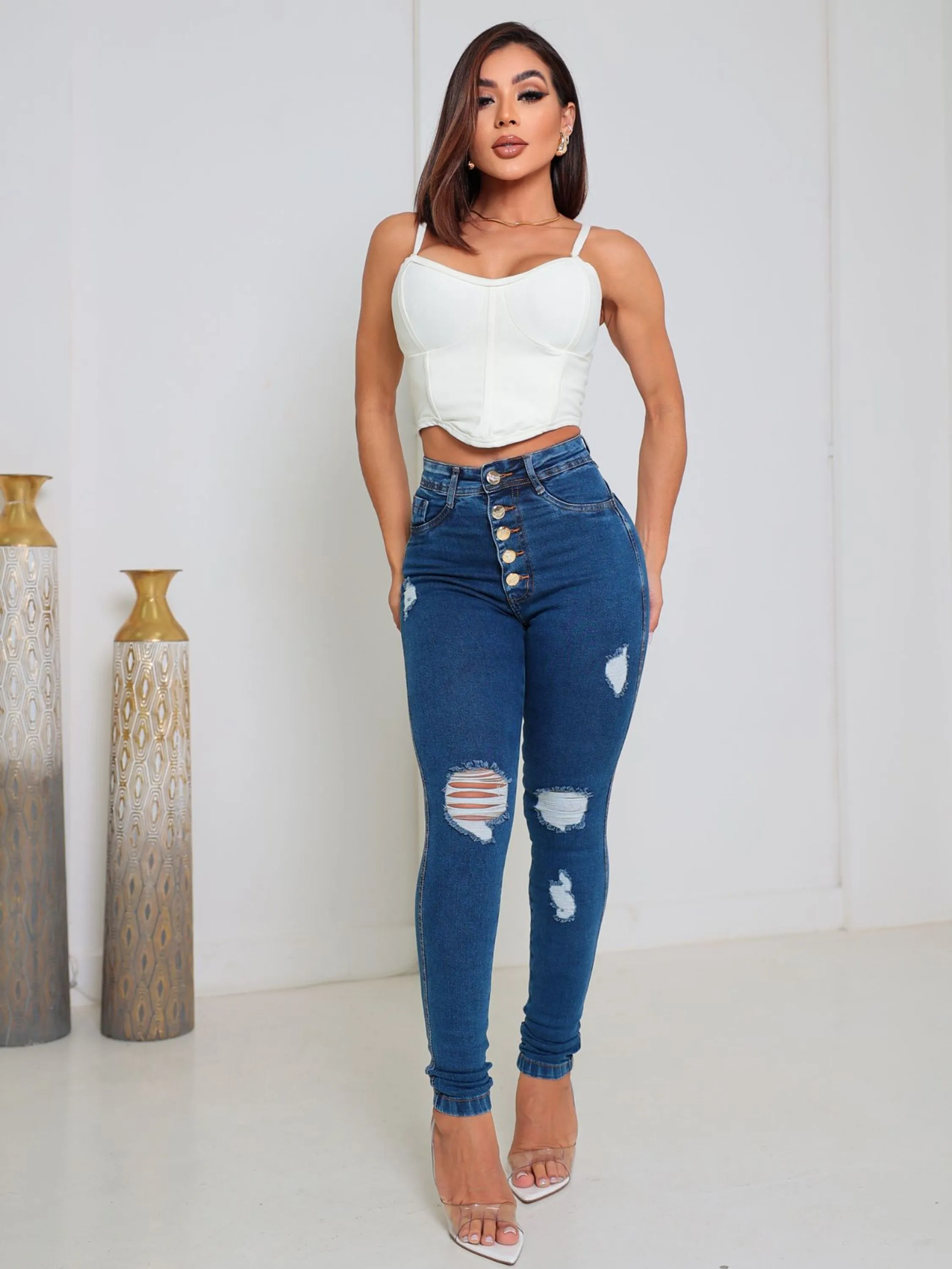 Calça Jeans Feminina Skinny com Lycra Rasgada 2177