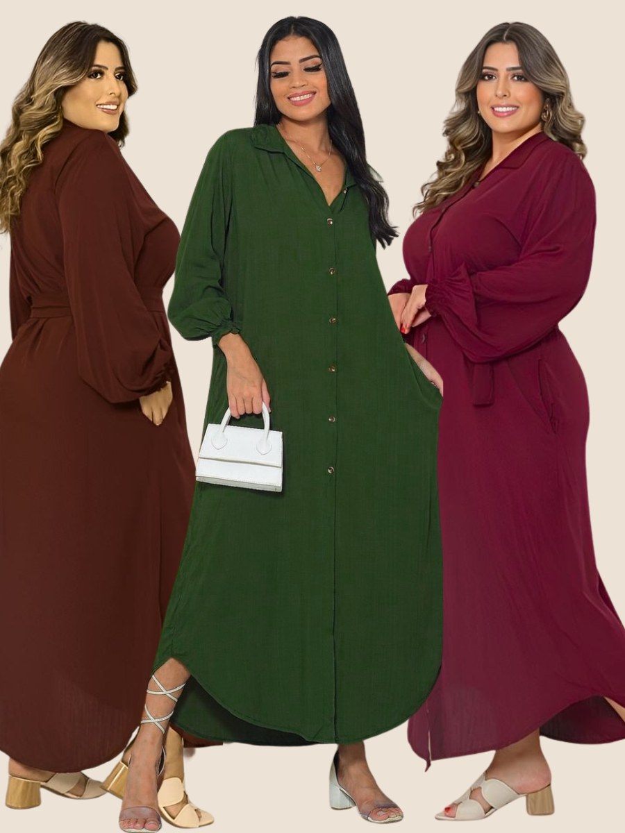 Vestido Chemise  Longo Manga Cumprida - Elegante