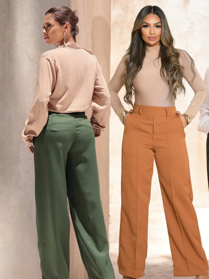 Calça Pantalona feminina Alfaiataria cintura alta com zíper