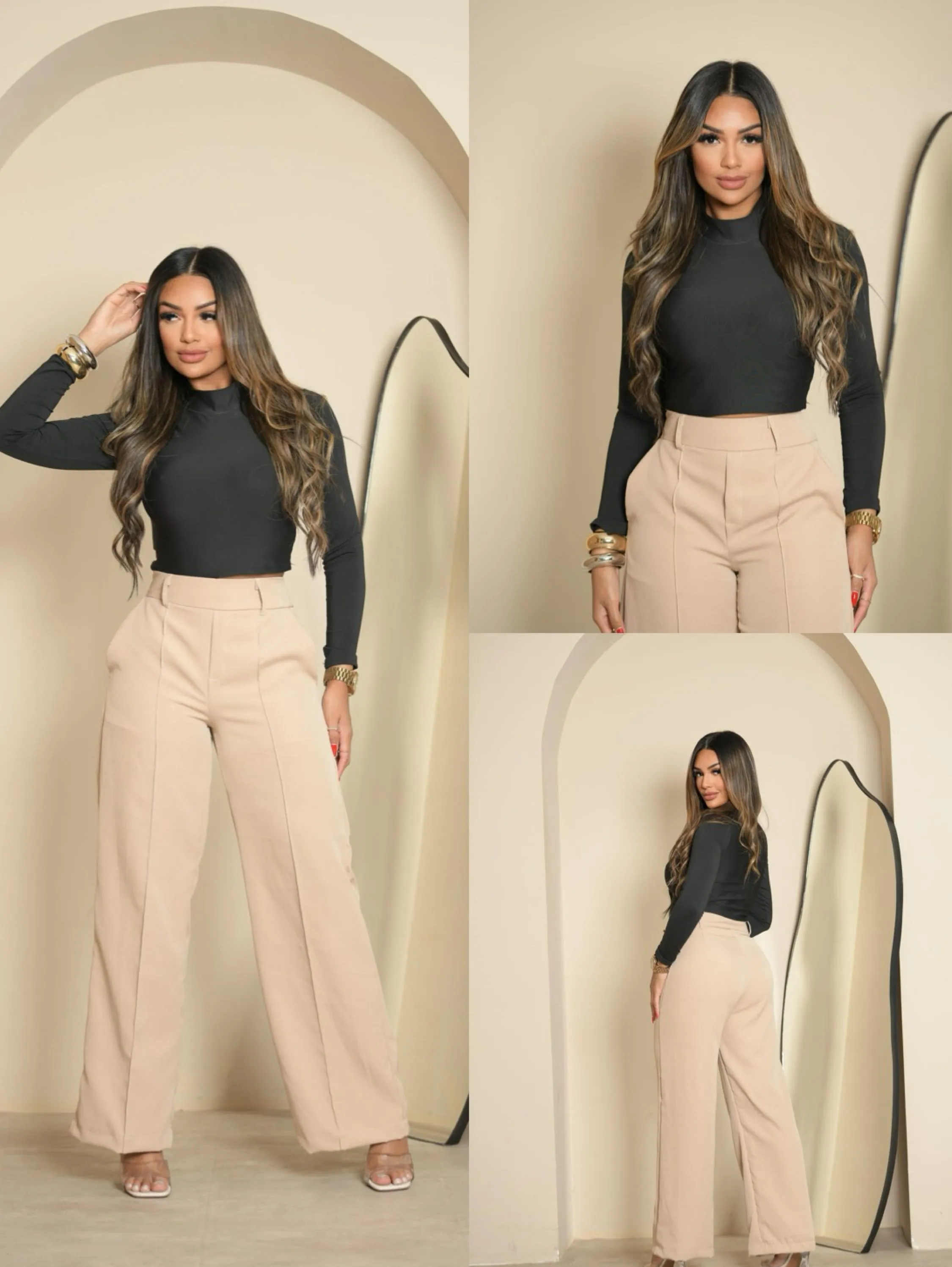 Calça Pantalona feminina Alfaiataria cintura alta com zíper